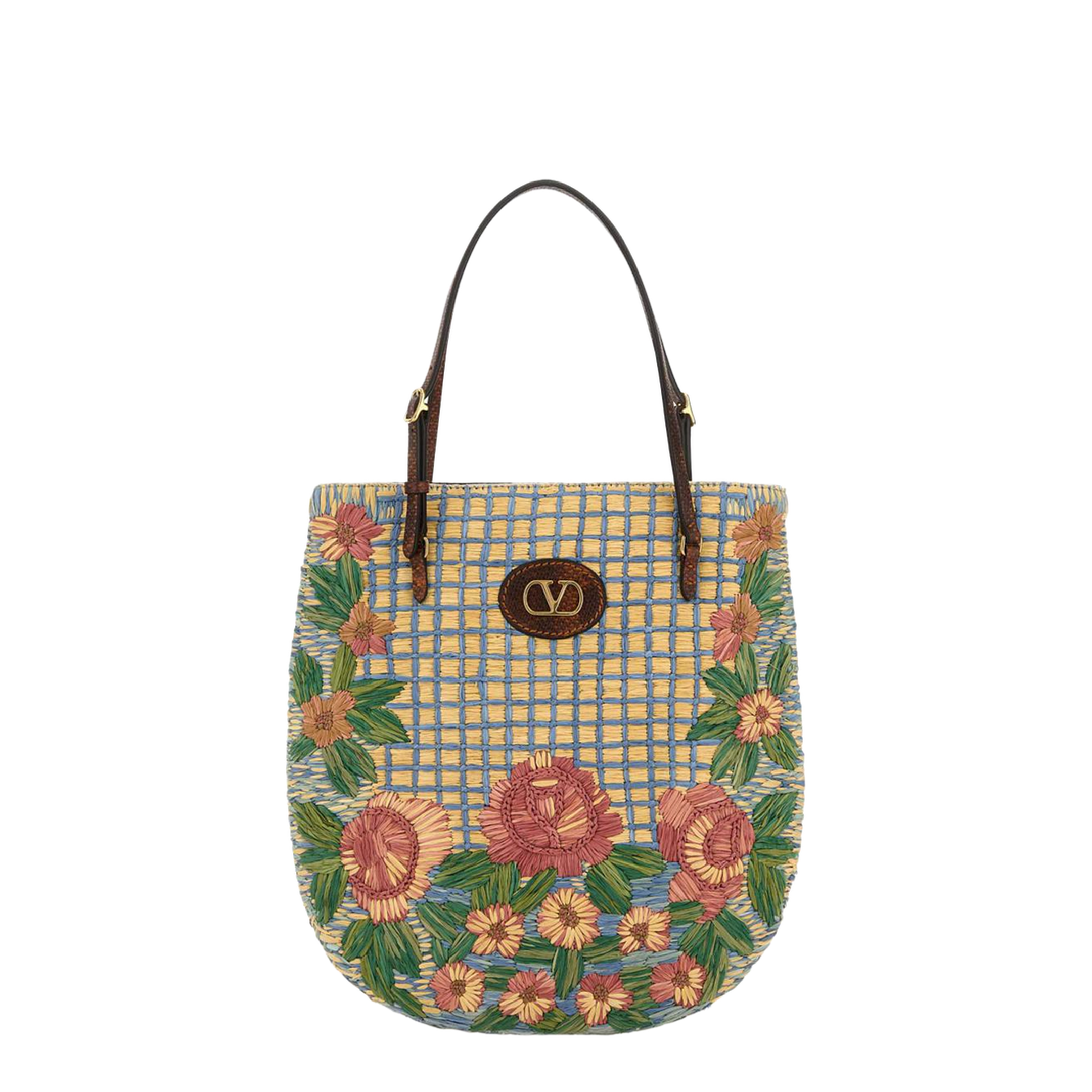 Embroidered Raffia Vlogo Signature Shoulder Bag - Image 1