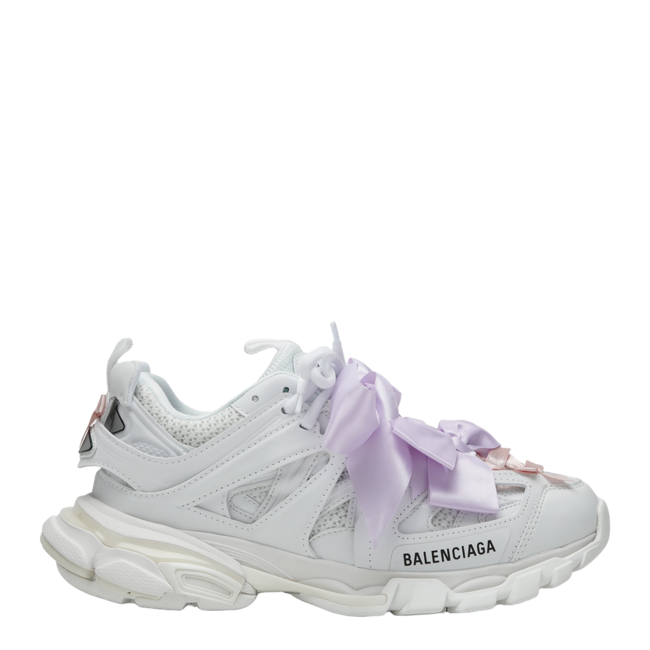 Track Bow Sneakers in Mixed Materials, White and Pink - Image 1