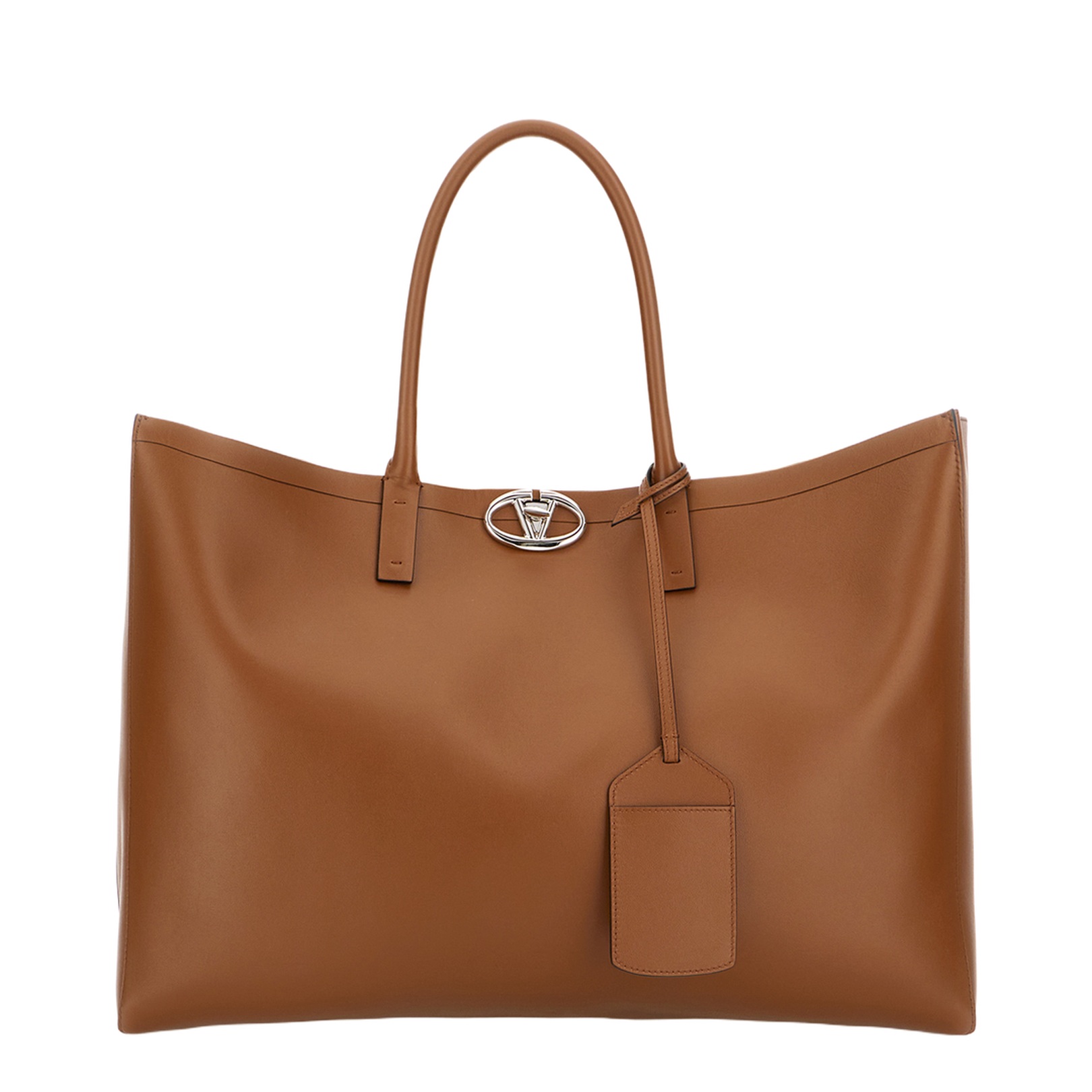 Brown Leather VLogo Shopping Bag - Image 1