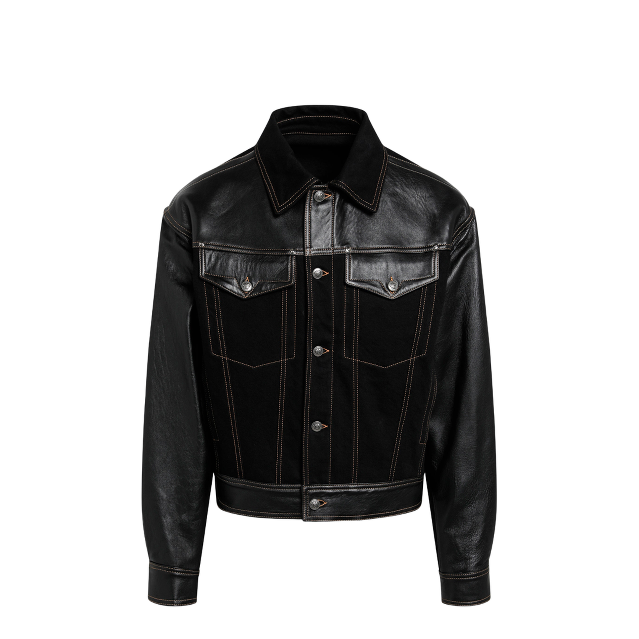 Black Denim and Leather Bomber Jacket - Image 1