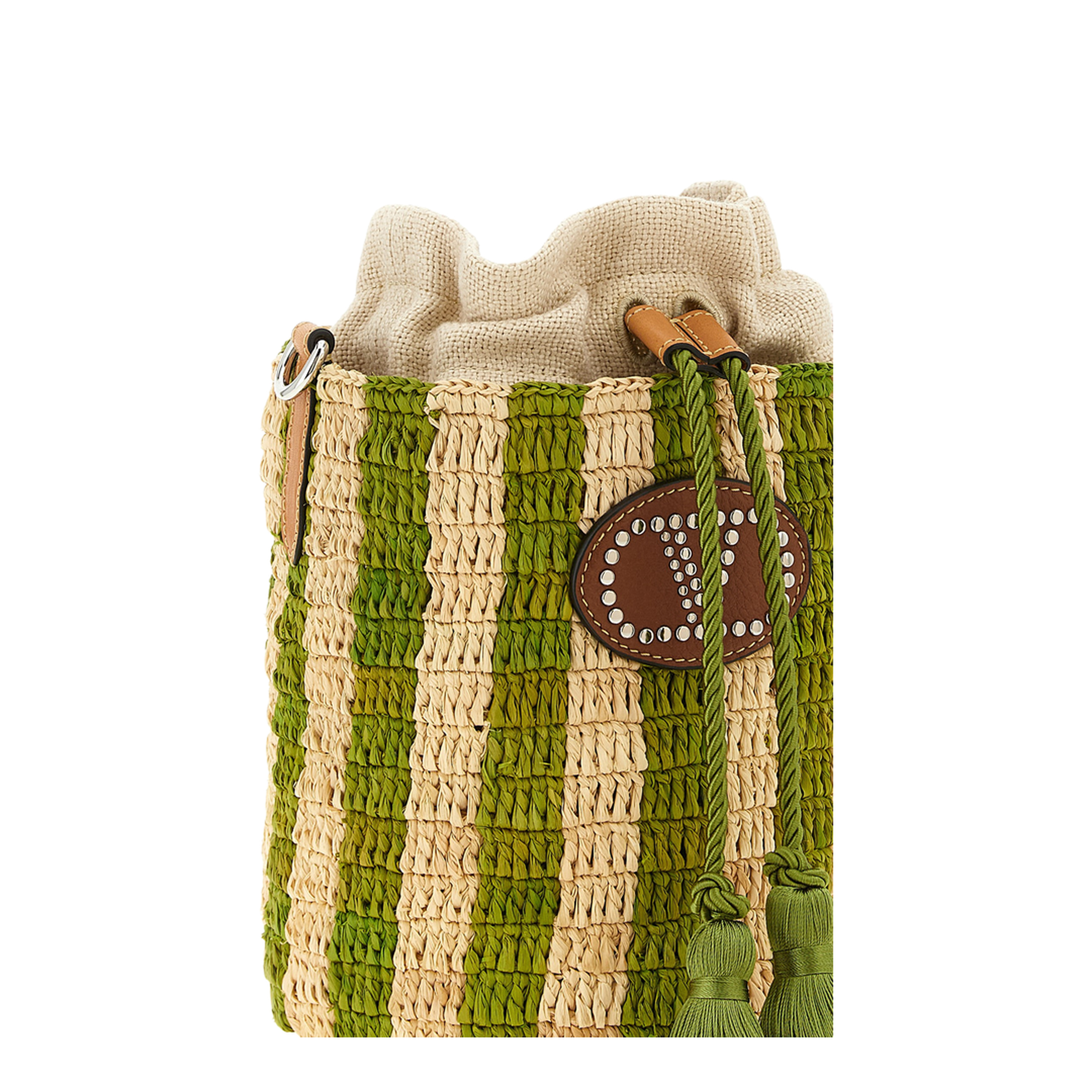 Small Striped Raffia Bucket Bag - Beige/Green - Image 2