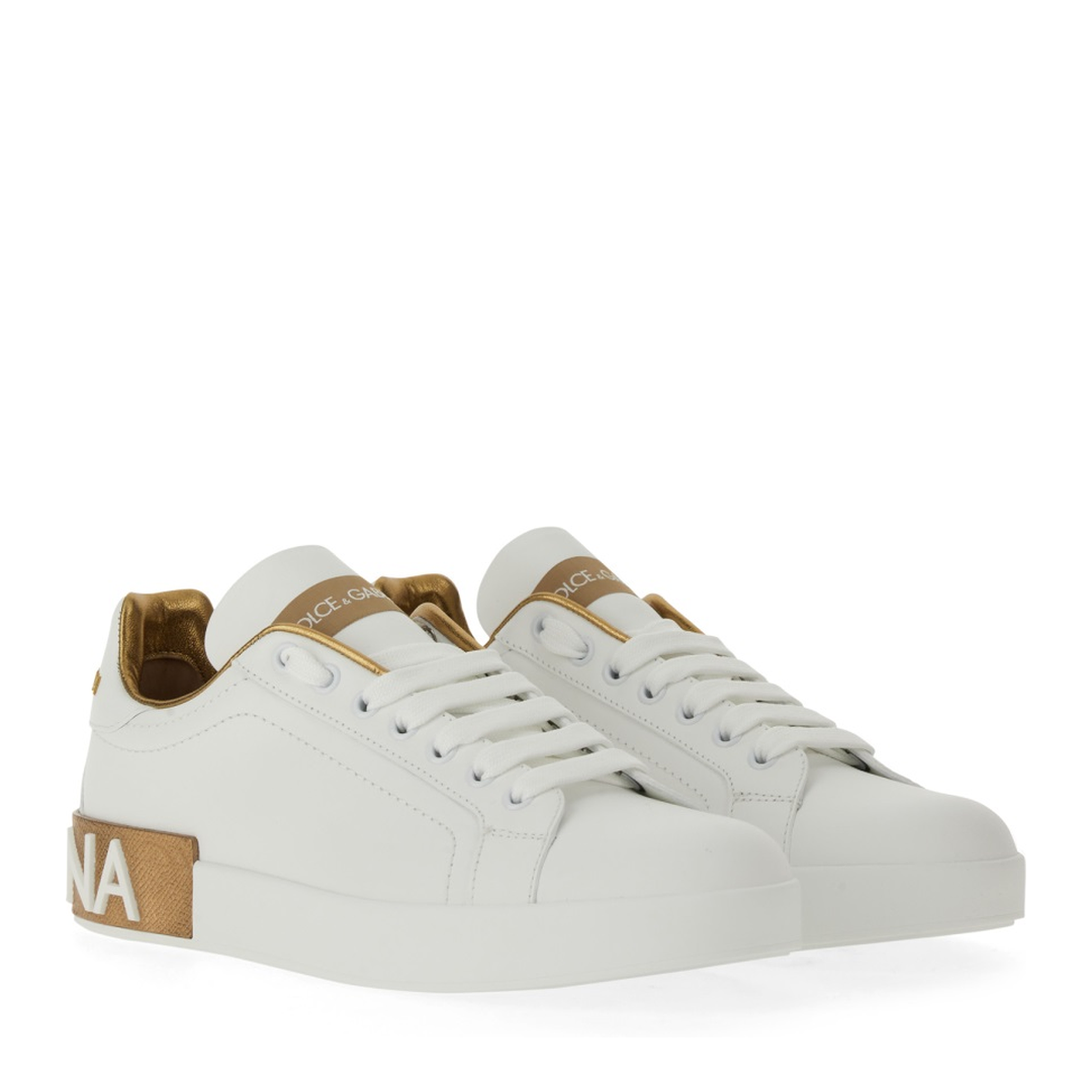 White Calfskin Low-Top Sneakers with Gold Details - Image 4