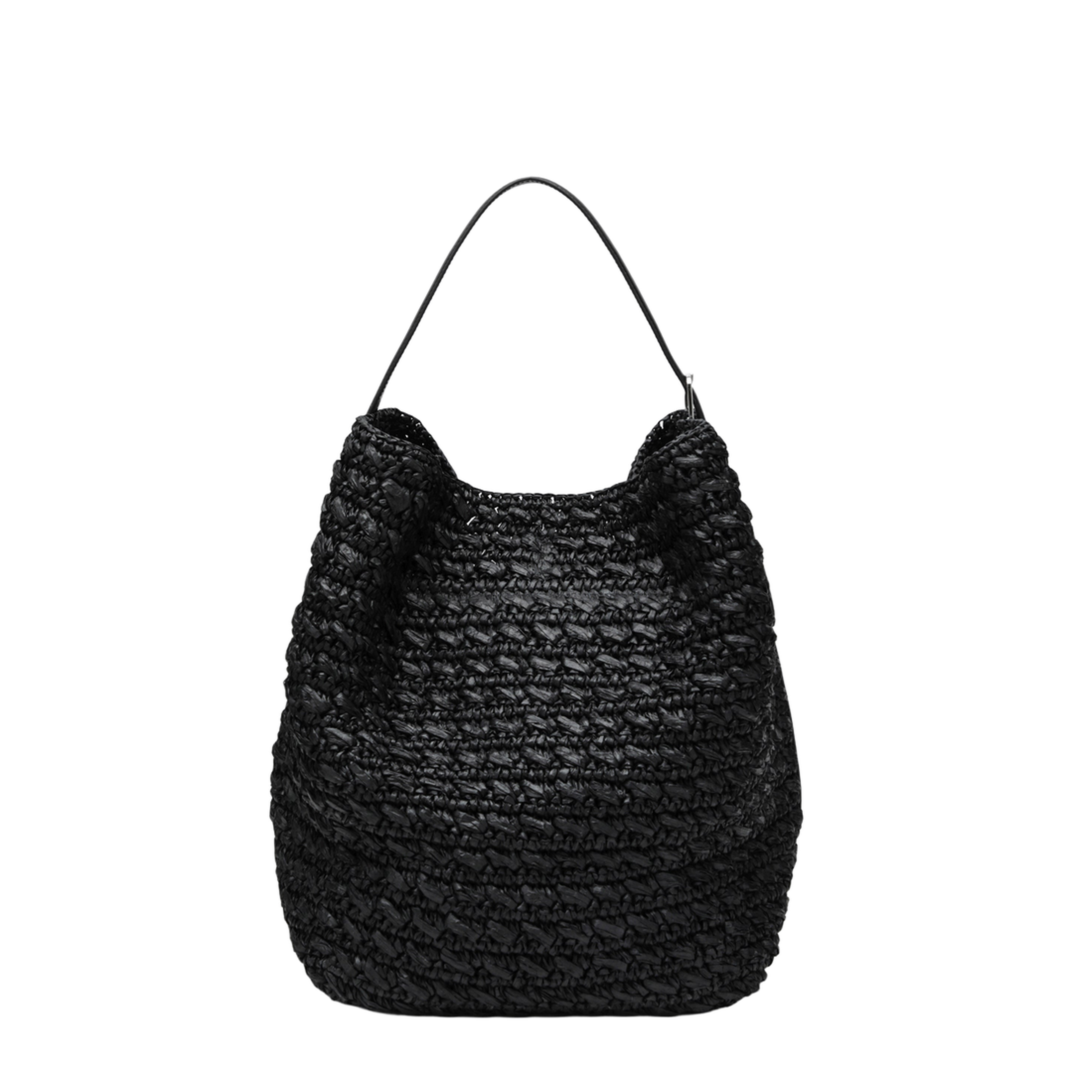 Tote Bag with Belt Details in Raffia, Black - Image 2