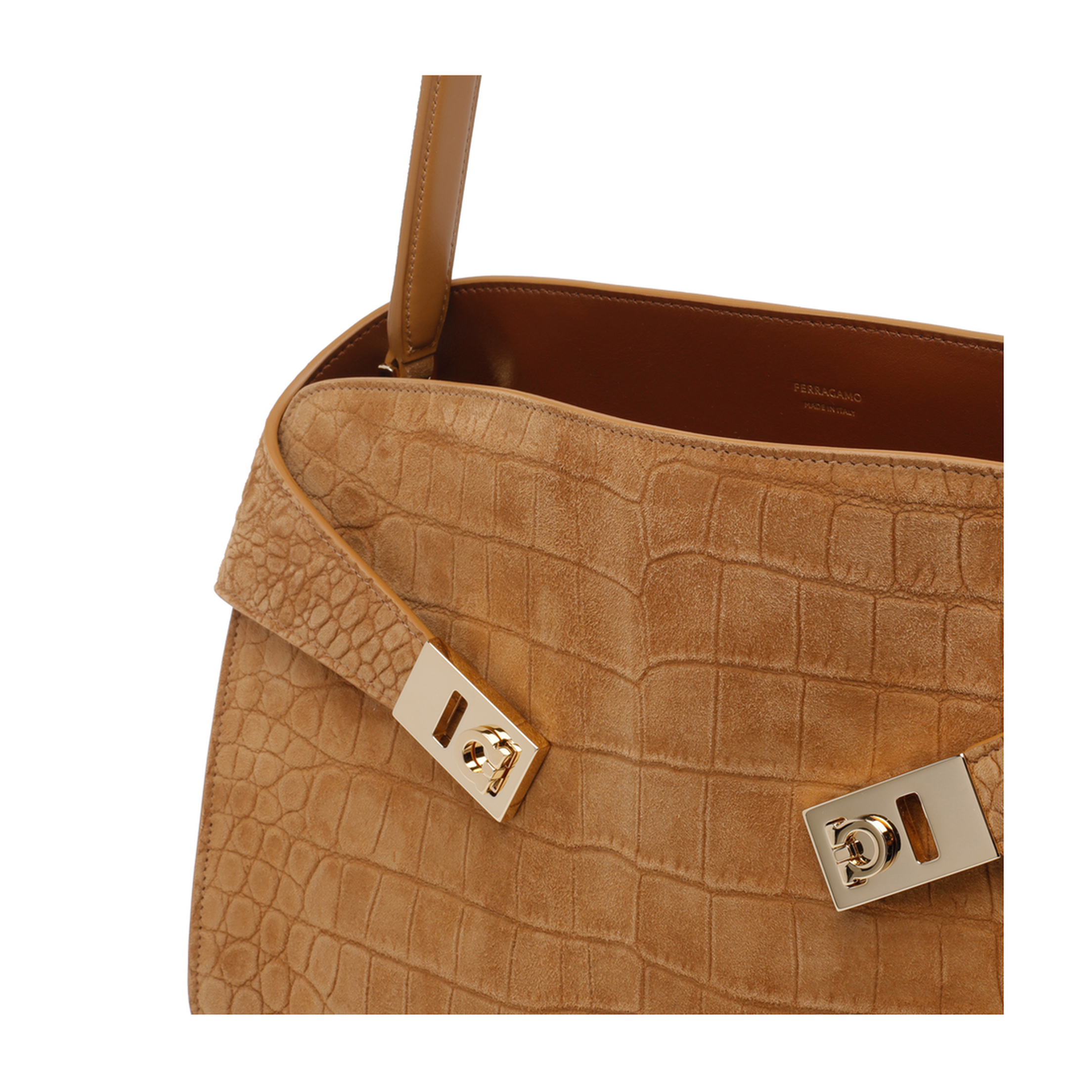 Hug Soft Medium Suede Crocodile Print Shoulder Bag - Naturale - Image 3