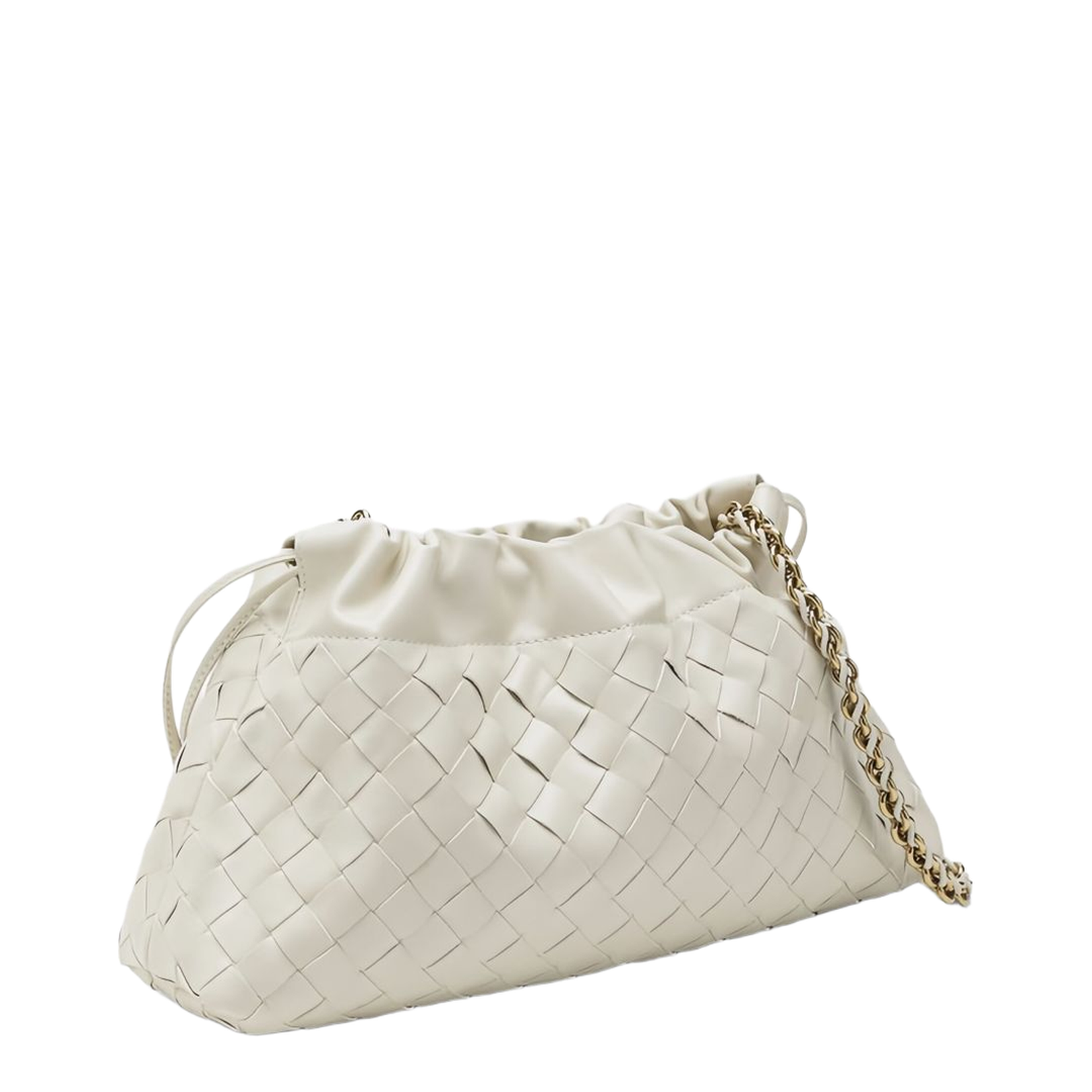 Off-White Leather Woven Design Drawstring Closure Chain-Link Shoulder Strap Gold-Tone Hardware - Image 1