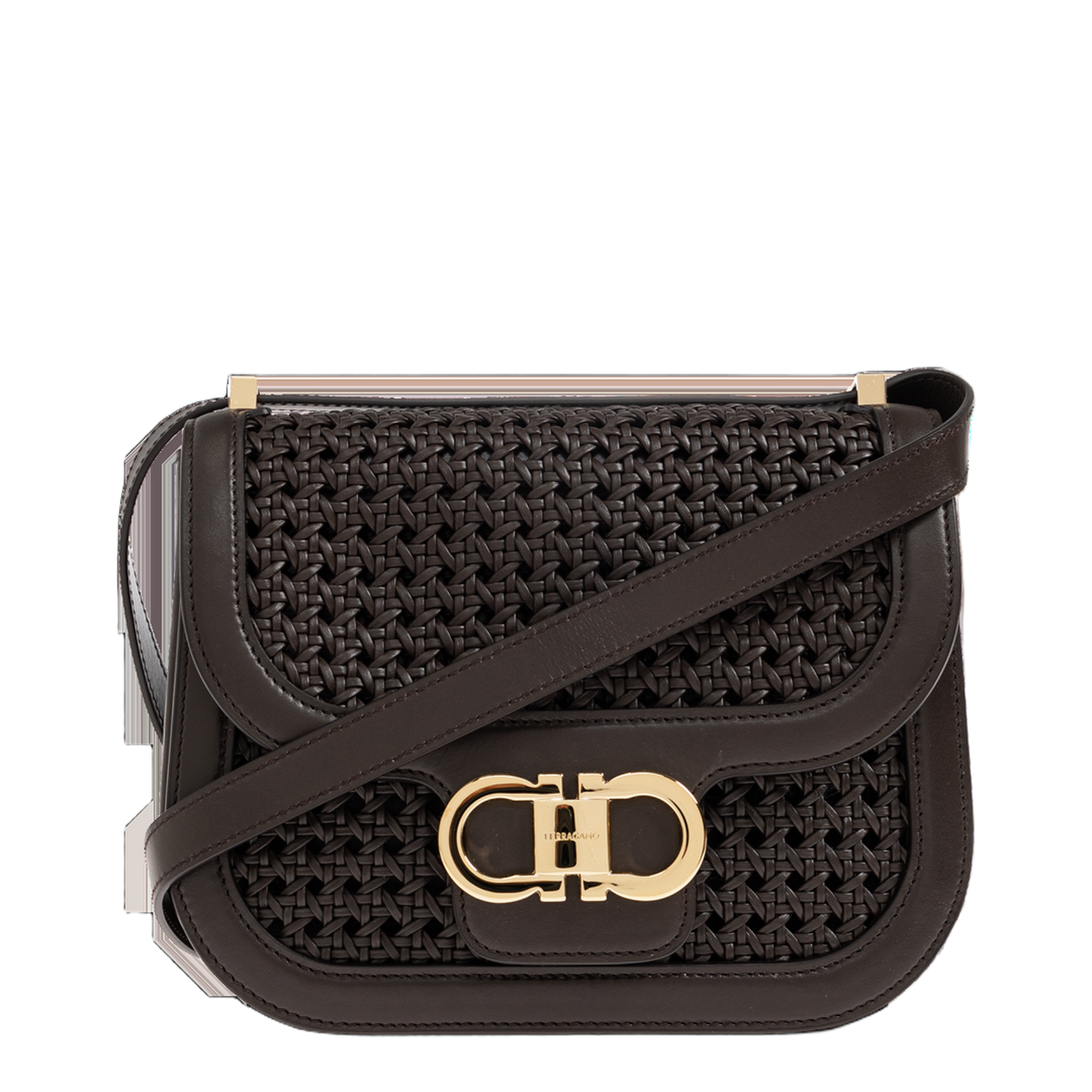 Double Gancini XS Woven Calfskin Crossbody Bag - Testa Di Moro - Image 1