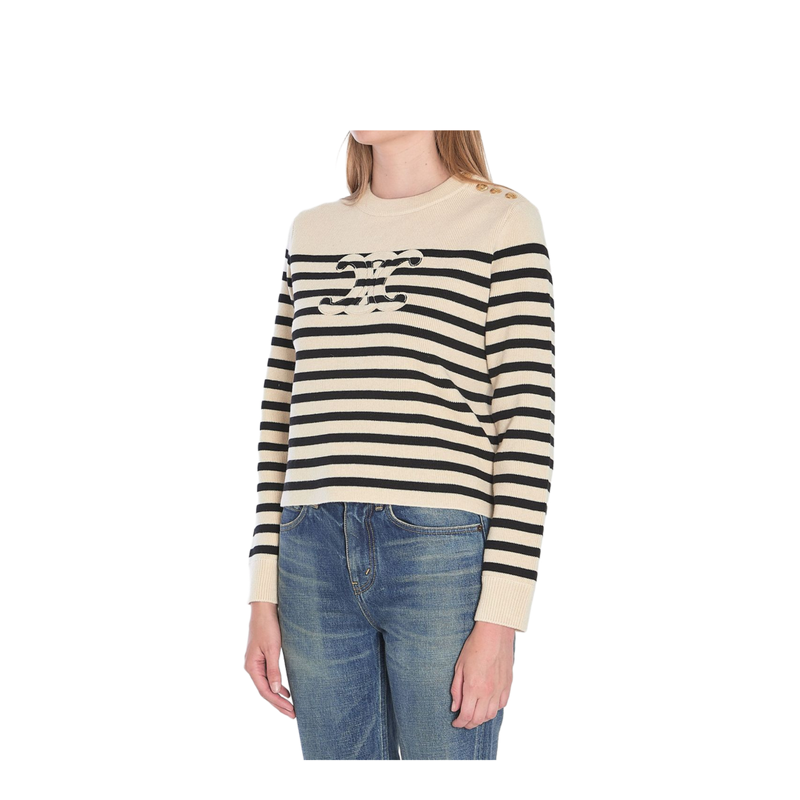 Crew Neck Sweater in Wool Cashmere - Ecru/Black - Image 3