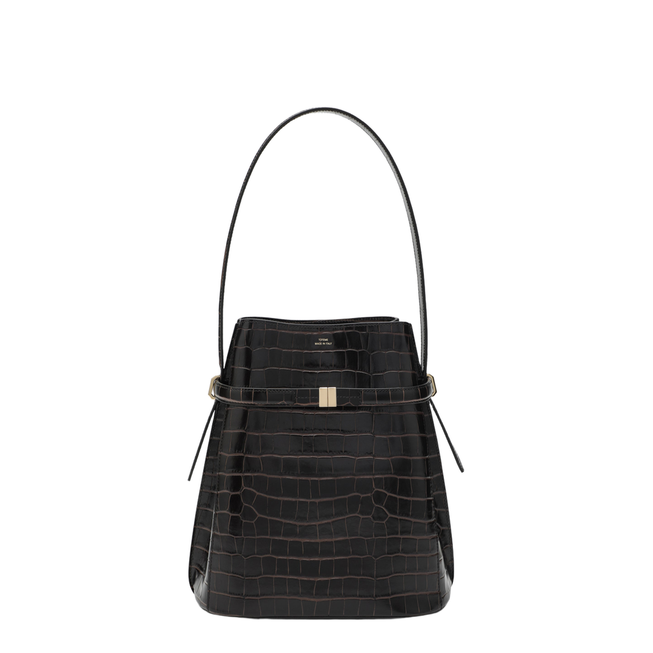 Brown Crocodile-Embossed Leather Bucket Bag - Image 1