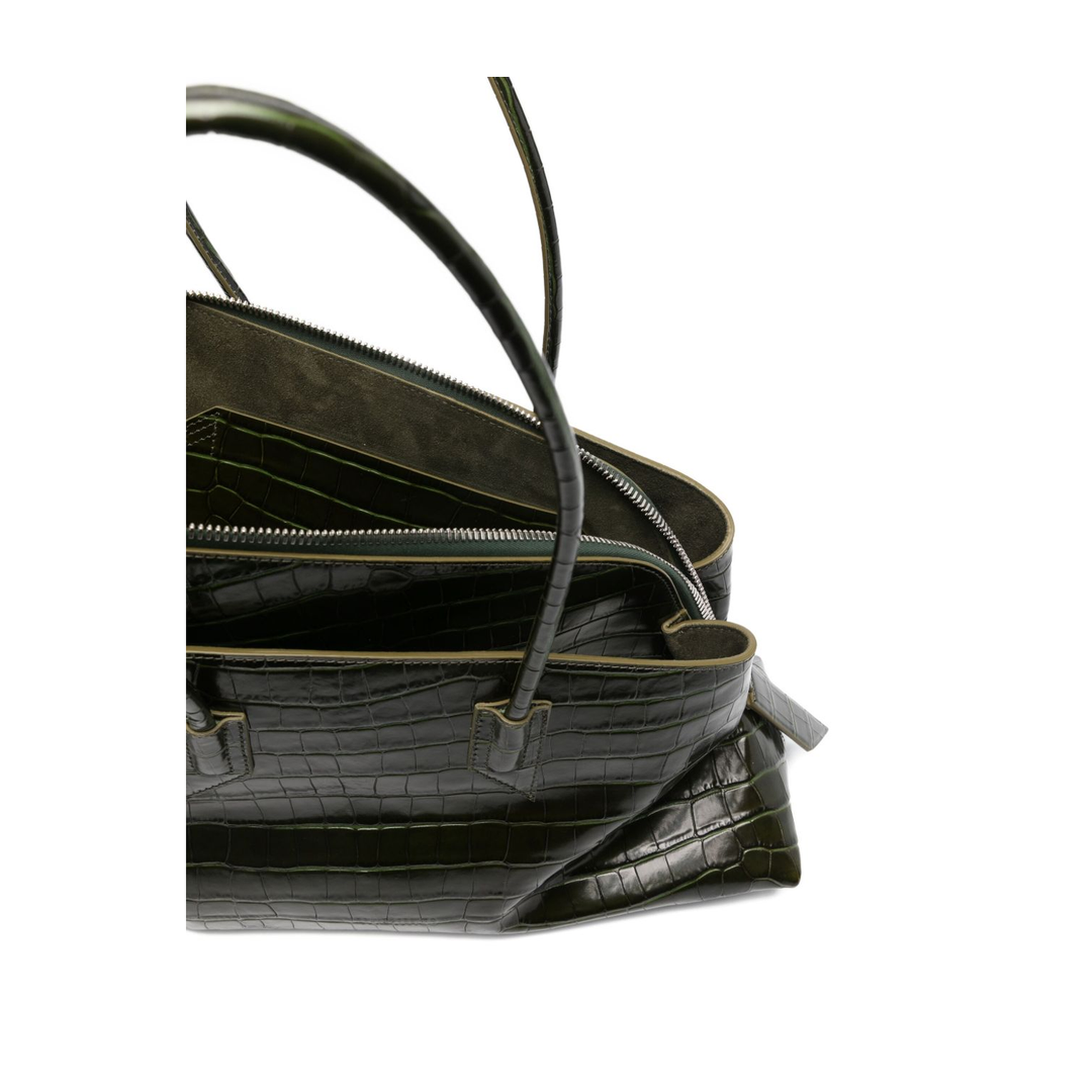 La Passeggiata Medium Croc-Embossed Calf Leather Top Handle Bag - Dark Green - Image 3