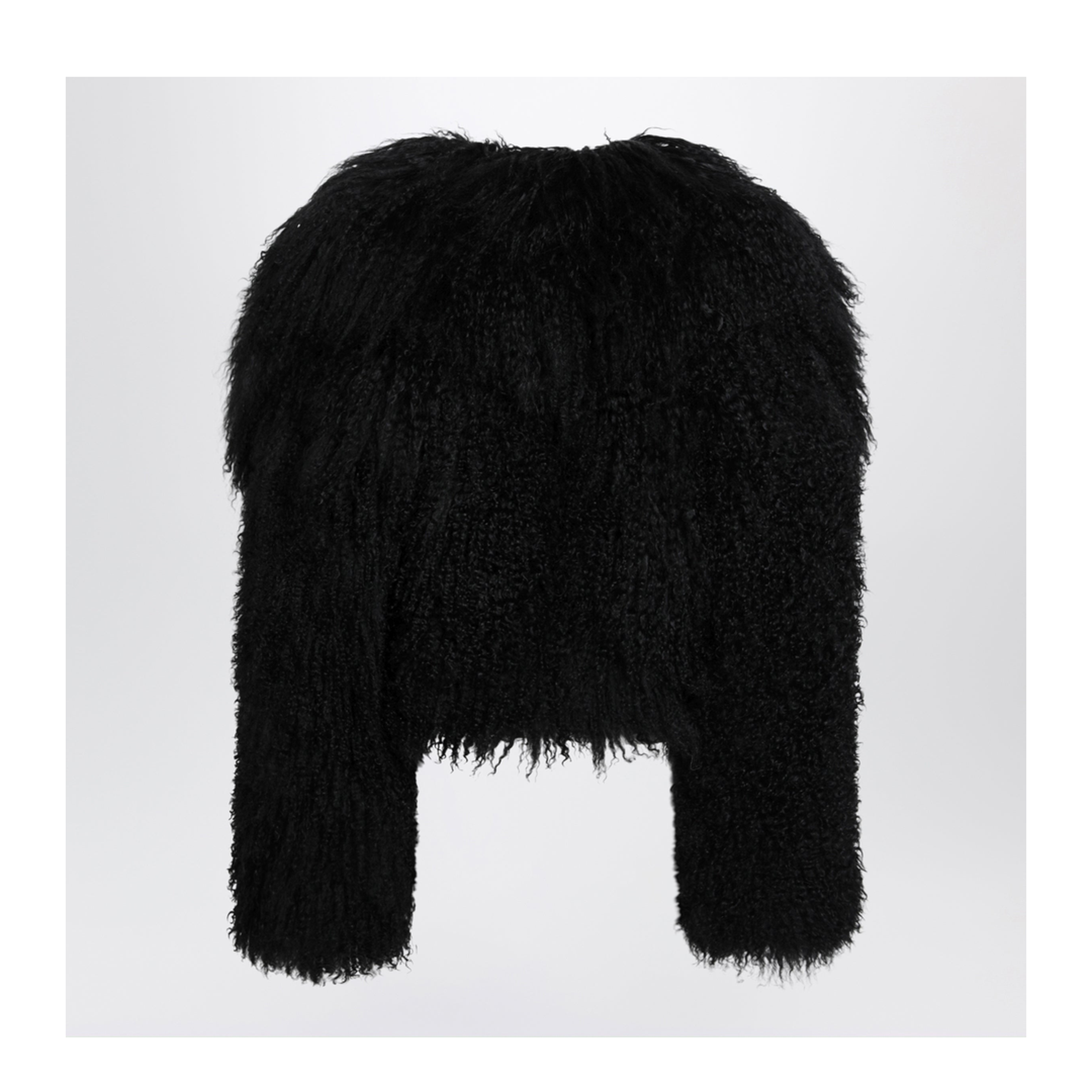 Cropped Bomber Jacket in Black Curly Shearling - Image 2