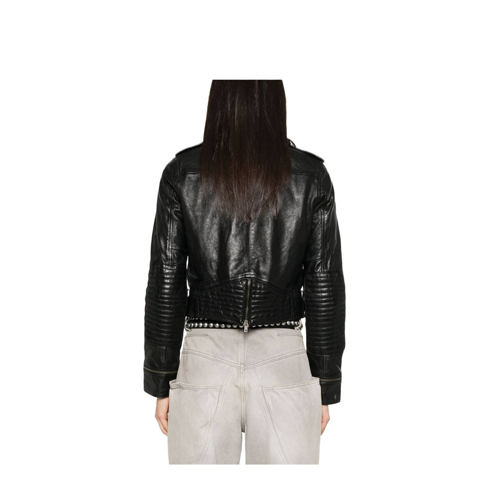 Shiny Black Sheepskin Biker Jacket with Sturdy Zip - Image 4