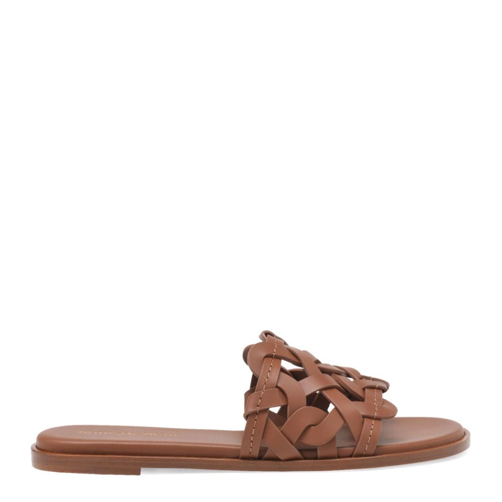 Chocolate Brown Calf Leather Stacked Heel Crossover Strap Round Open Toe - Image 1