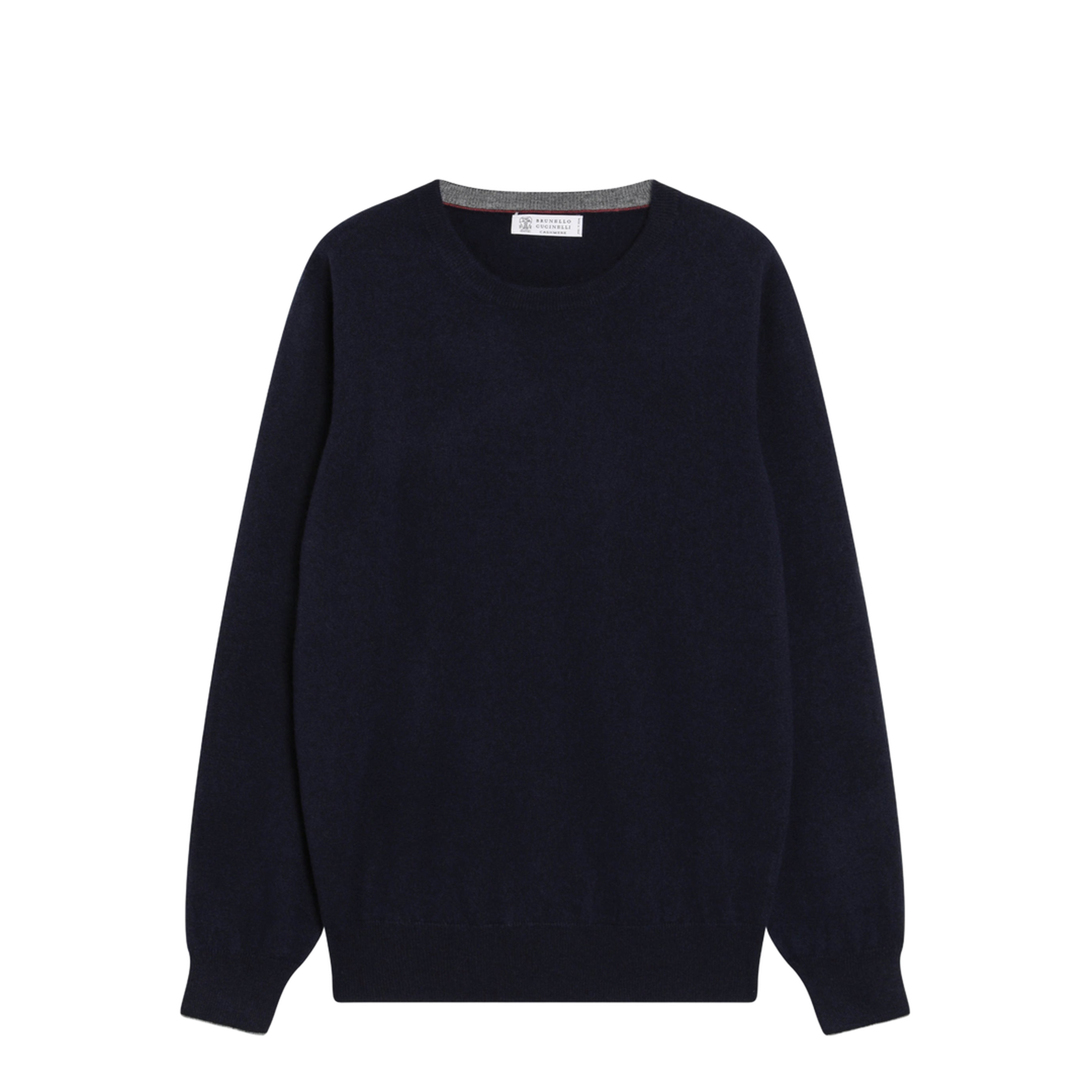 Navy Blue Cashmere Crewneck Sweater with Contrast Trim - Image 1