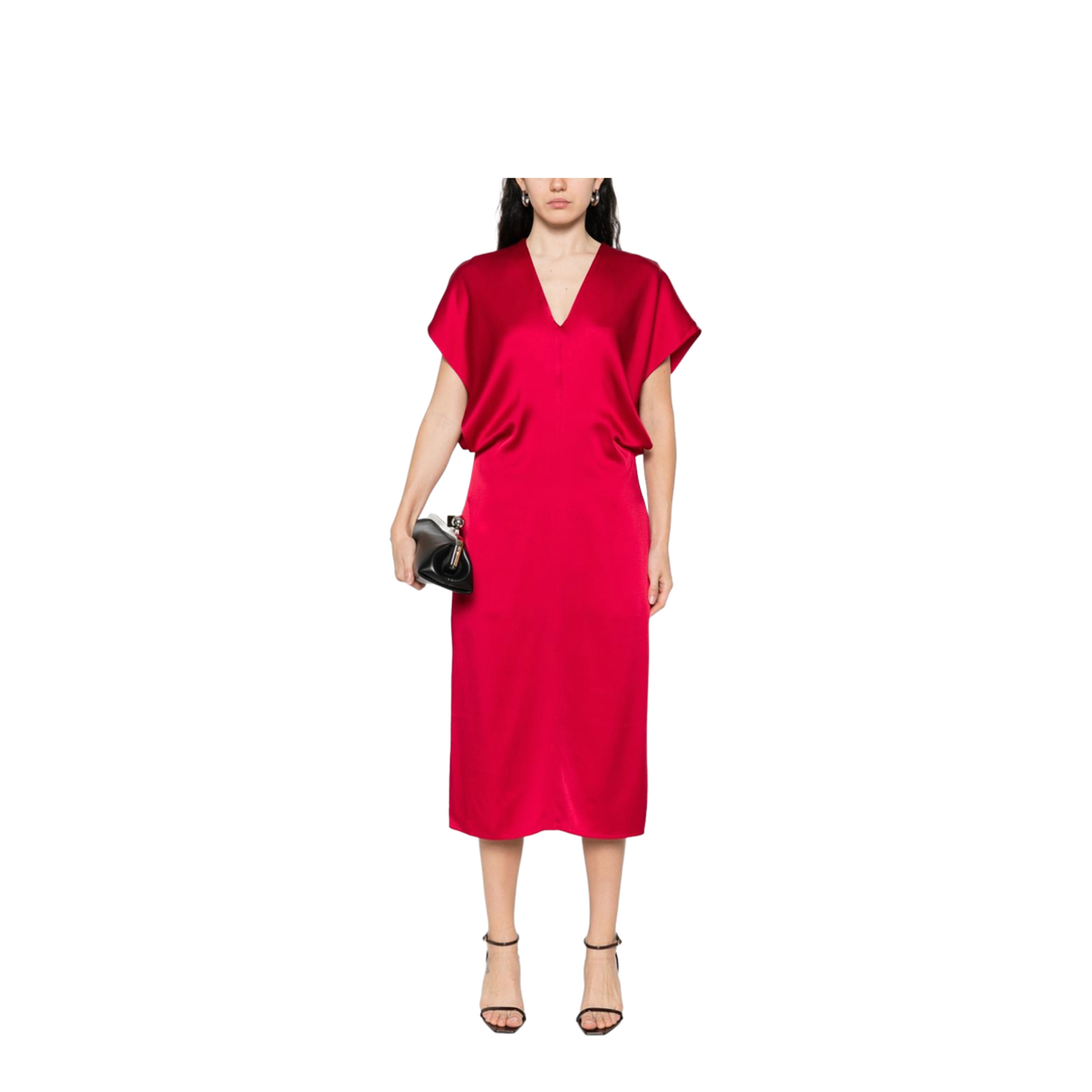Satin V-necked Midi Dress - Red - Image 4