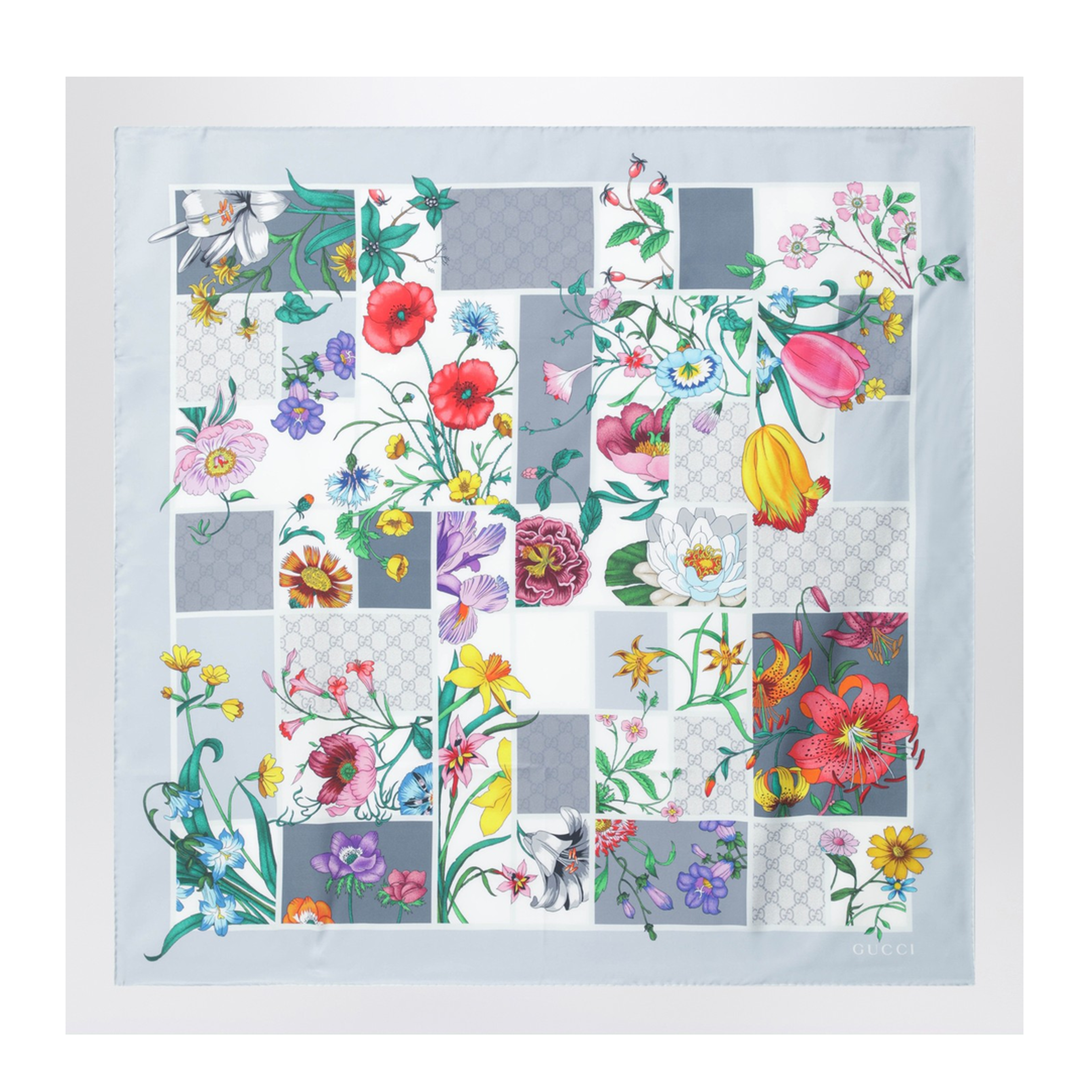 Printed Silk Twill Carré in Light Grey and Multicolour - Image 2