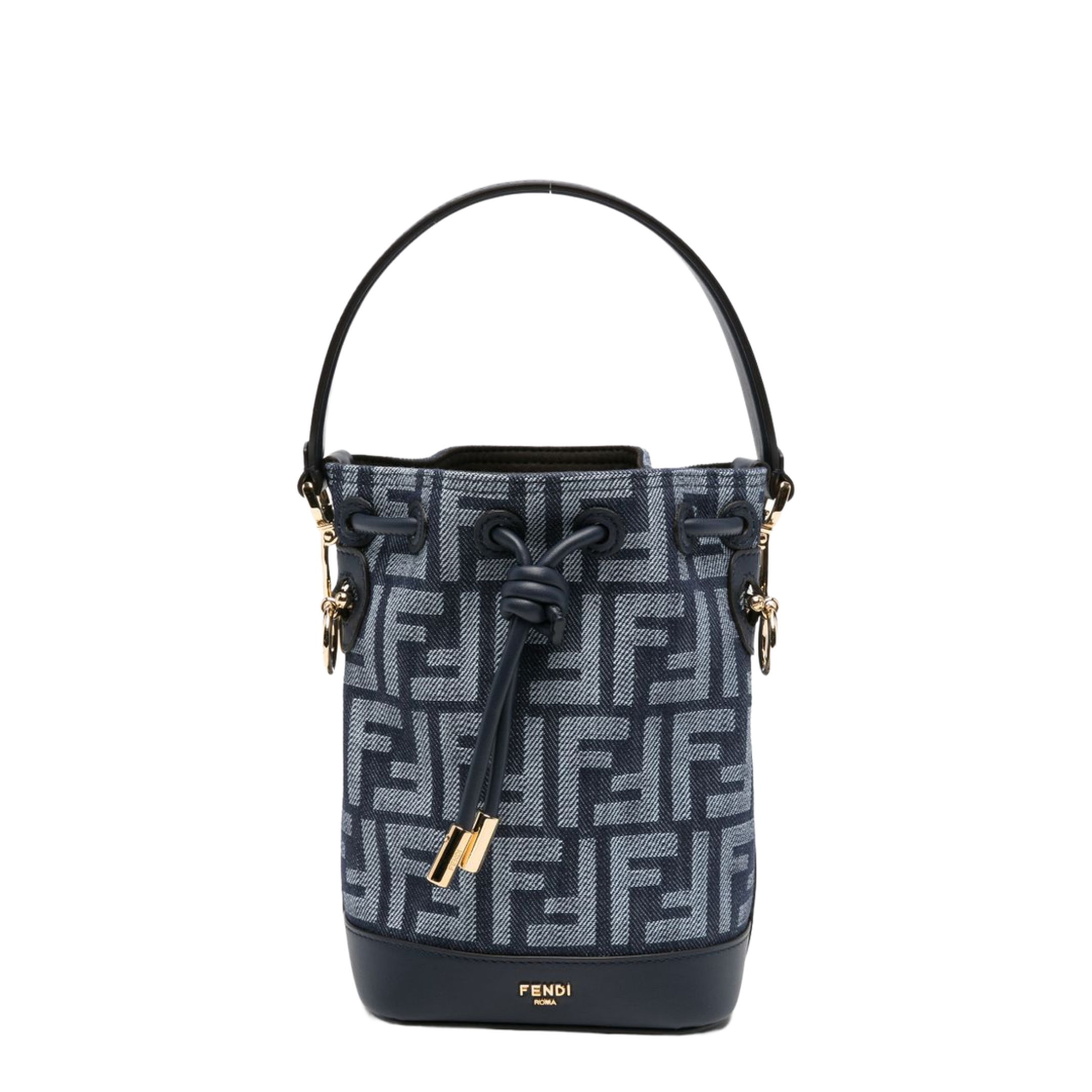 Mon Tresor Mini FF Jacquard Denim-Effect Bucket Bag - Dark Blue - Image 1