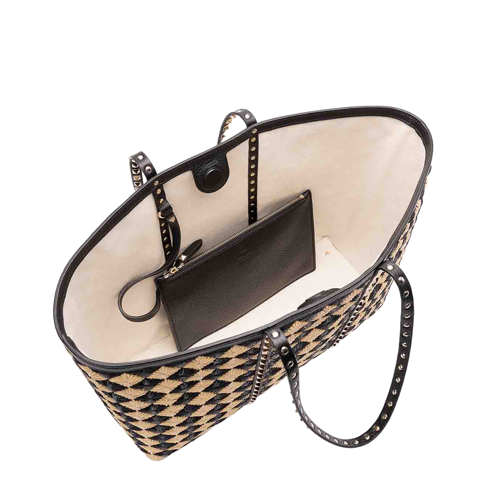 Rockstud Raffia Embroidered Shopping Bag - Natural/Black - Image 3
