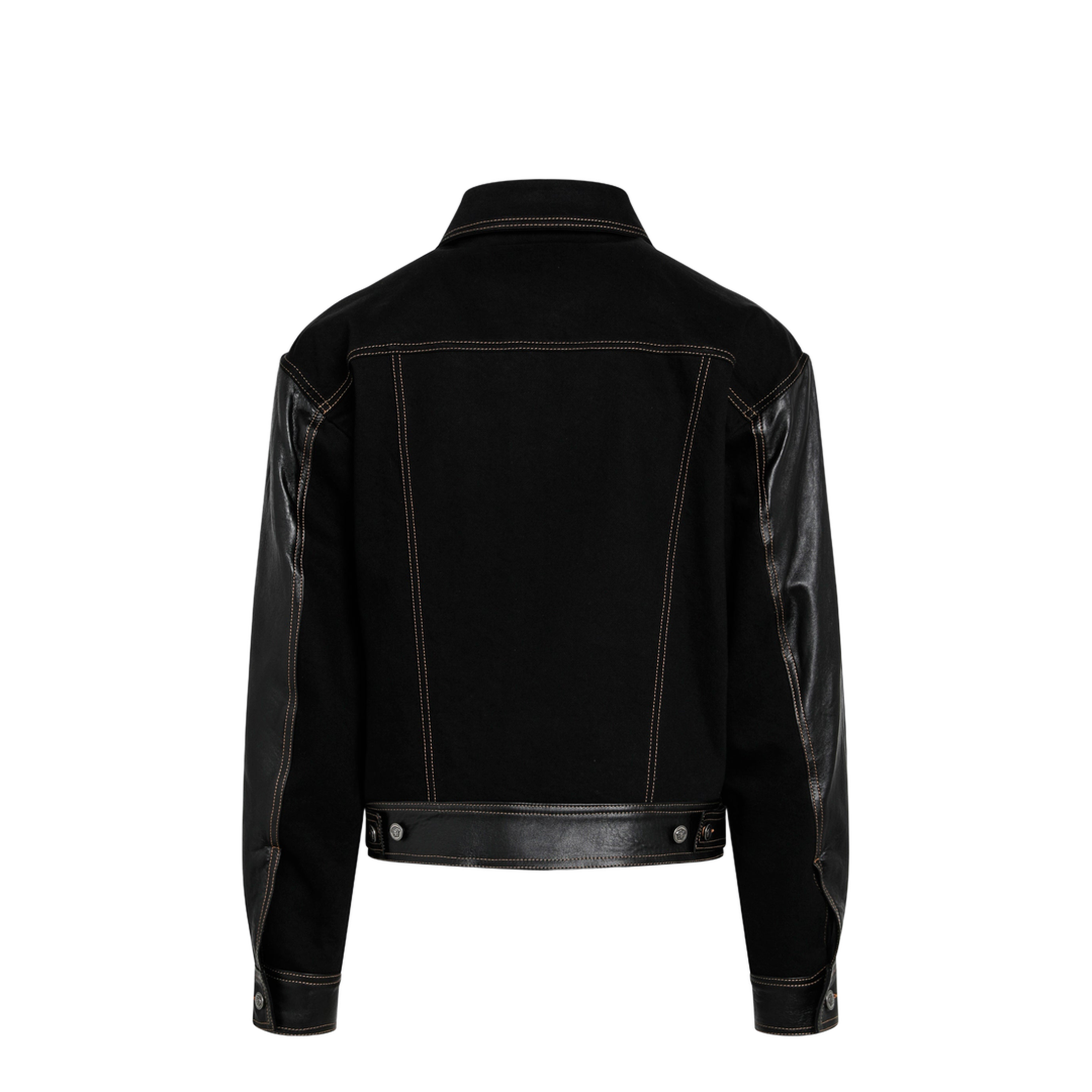 Black Denim and Leather Bomber Jacket - Image 2
