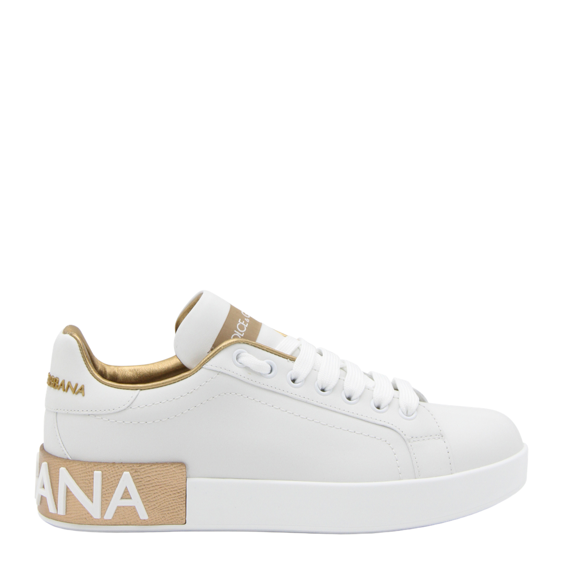 White Calfskin Low-Top Sneakers with Gold Details - Image 1