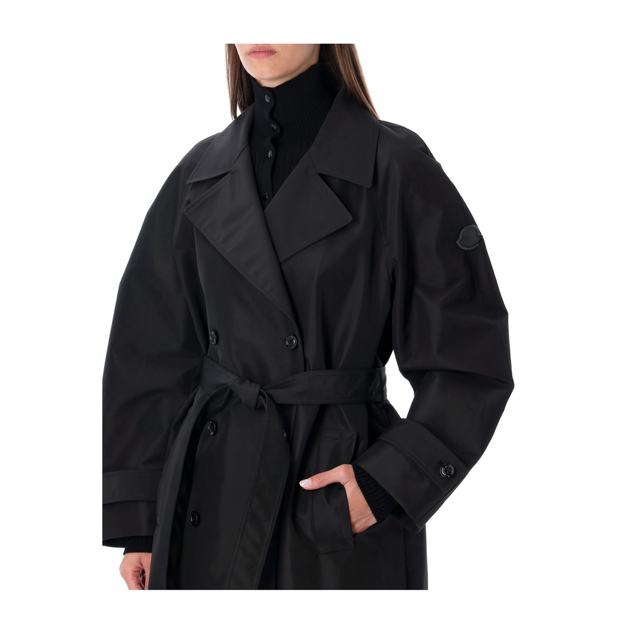 Black Double-Breasted Trench Coat with Belt - Image 3
