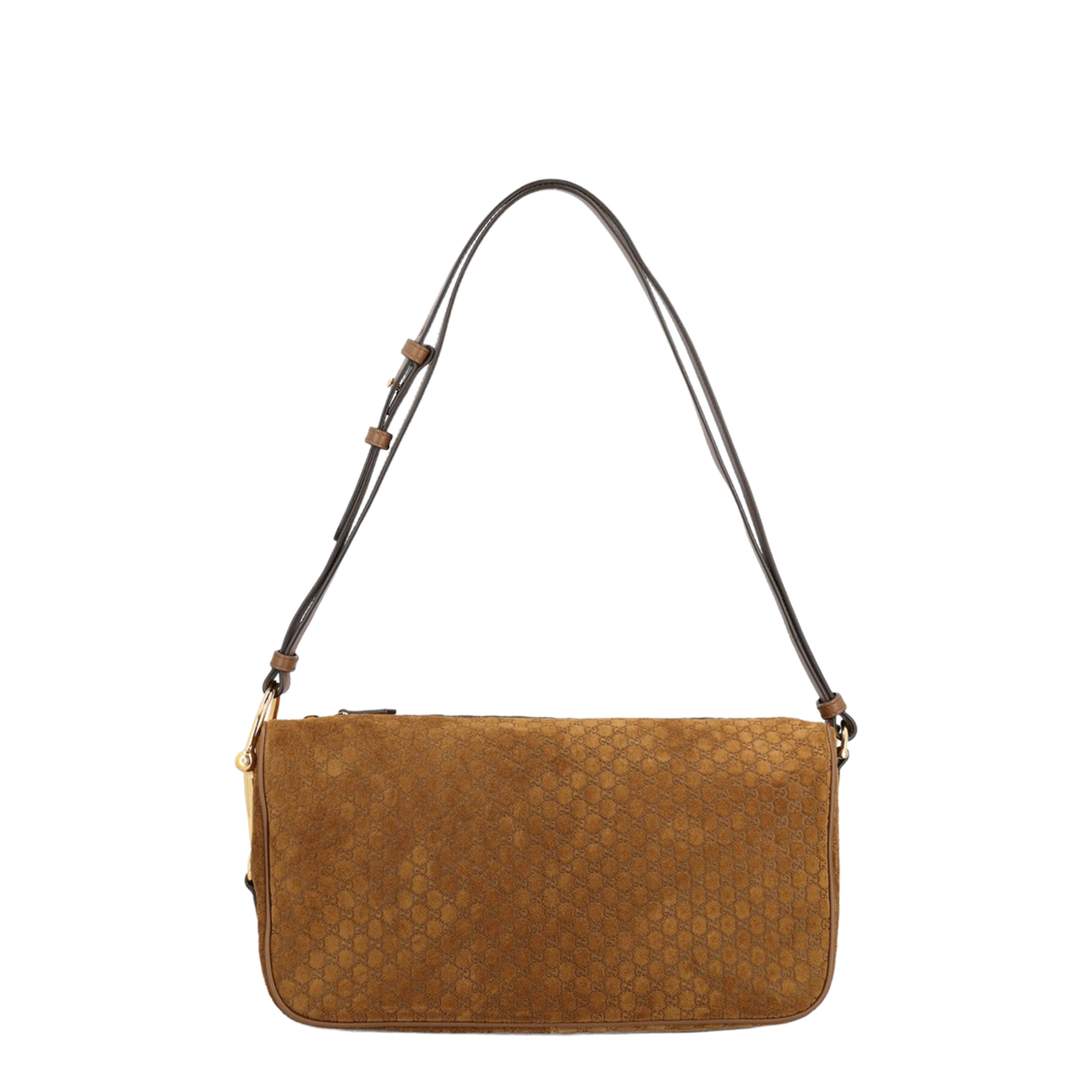 Half Horsebit Medium Suede Shoulder Bag - Brown - Image 1