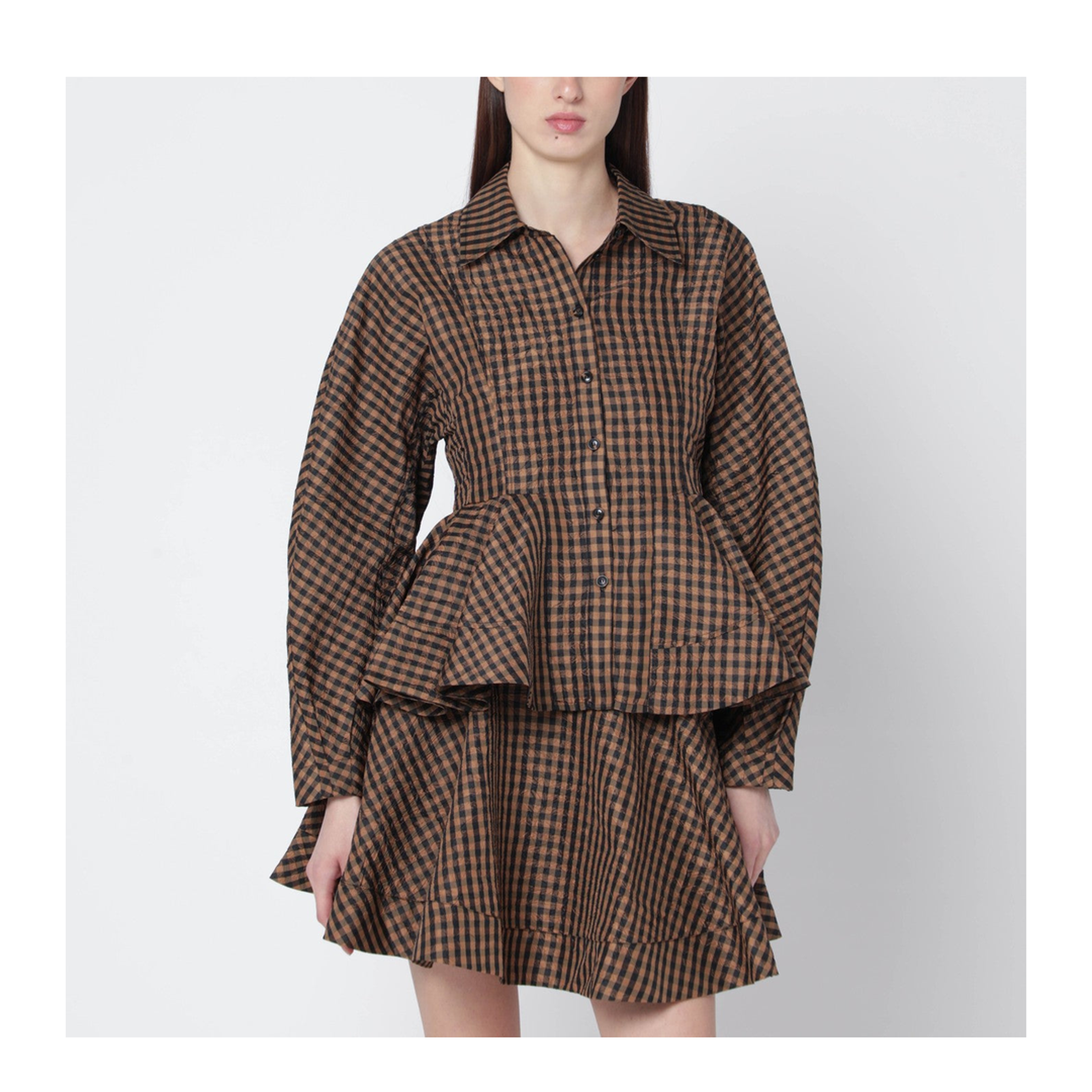 Brown Black Gingham Peplum Shirt - Image 1