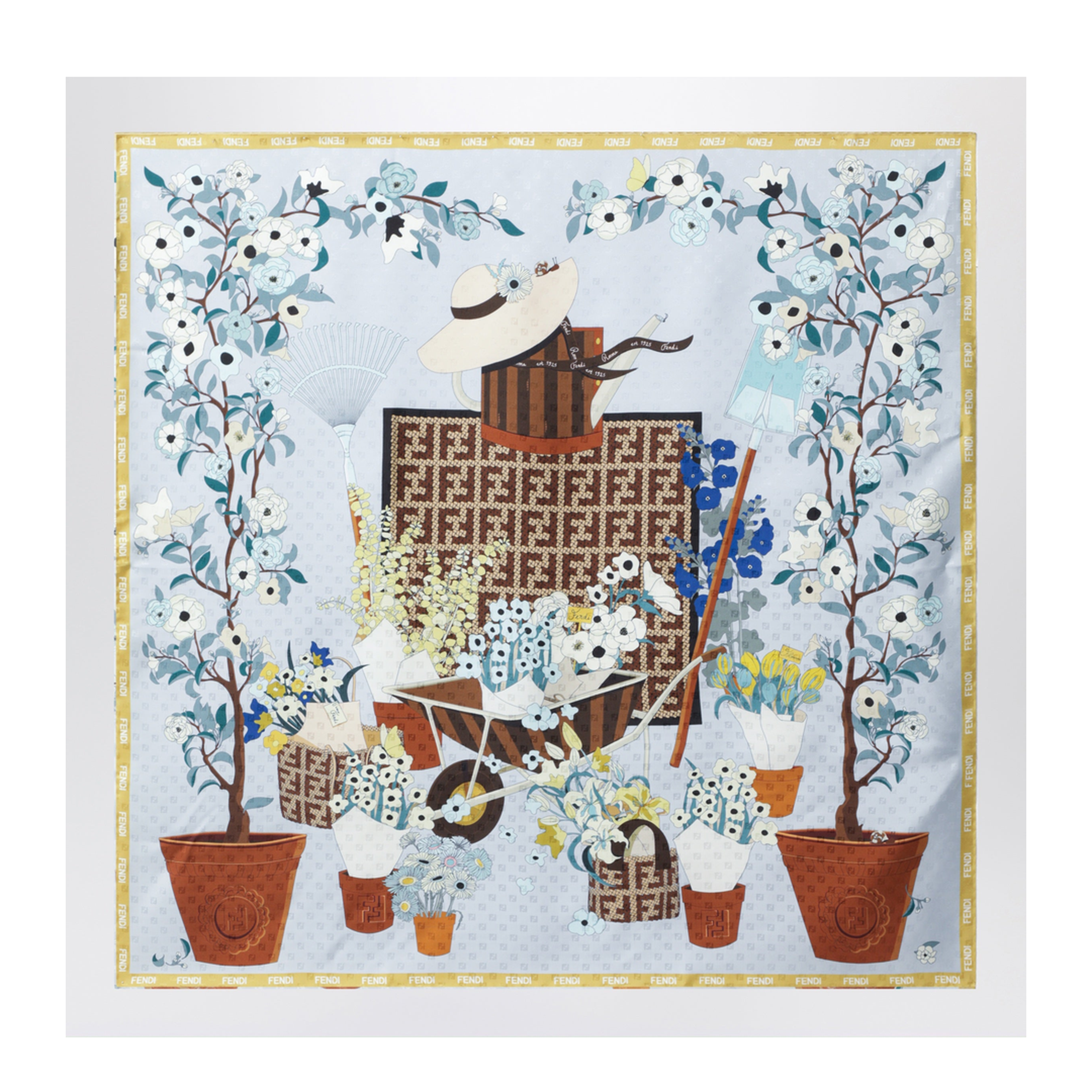 Gardening Light Blue Multicoloured Silk Foulard - Image 1