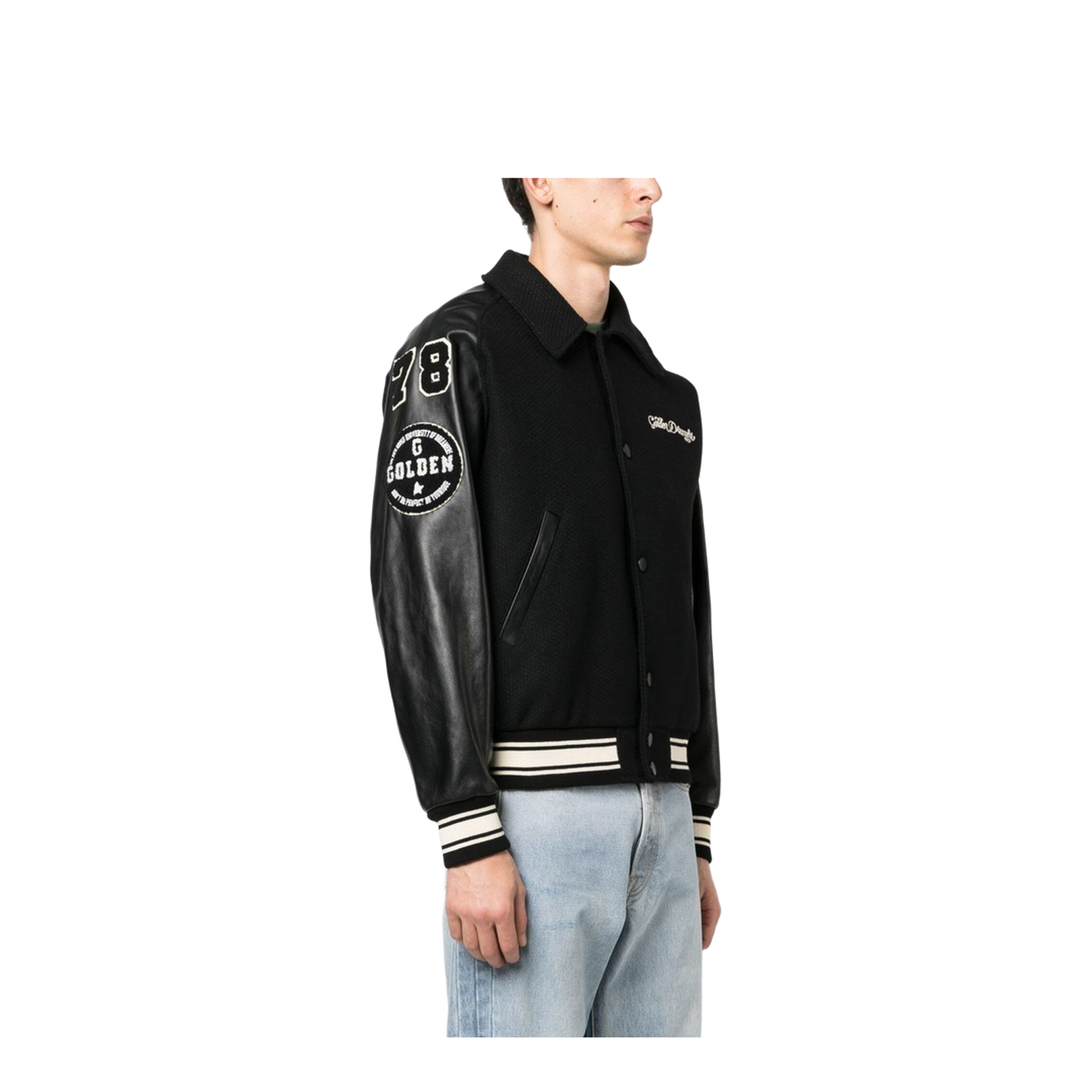 Black Wool Bomber Jacket with Patch - Image 5