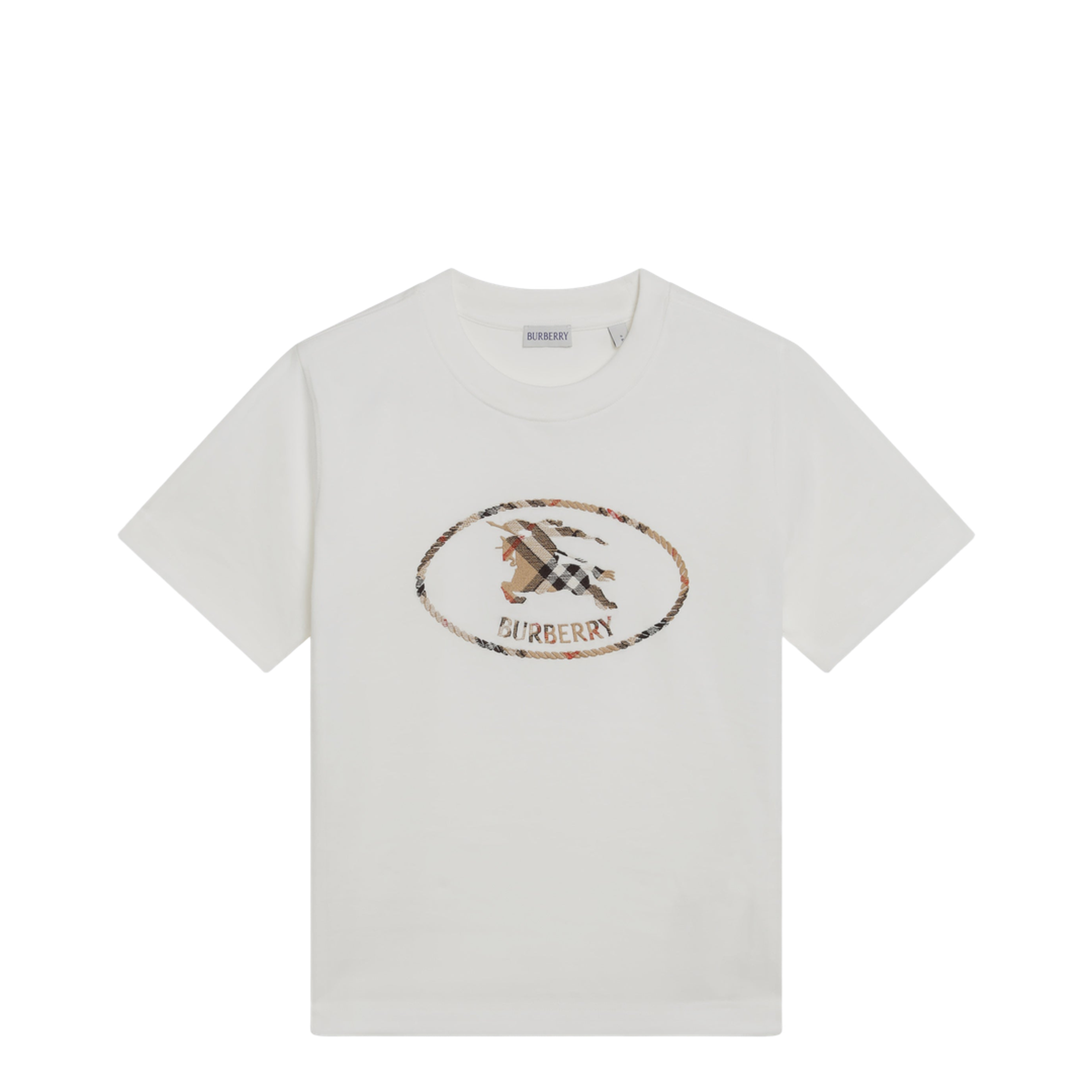 White Cotton Check T-Shirt with Knight Stamp - Image 1