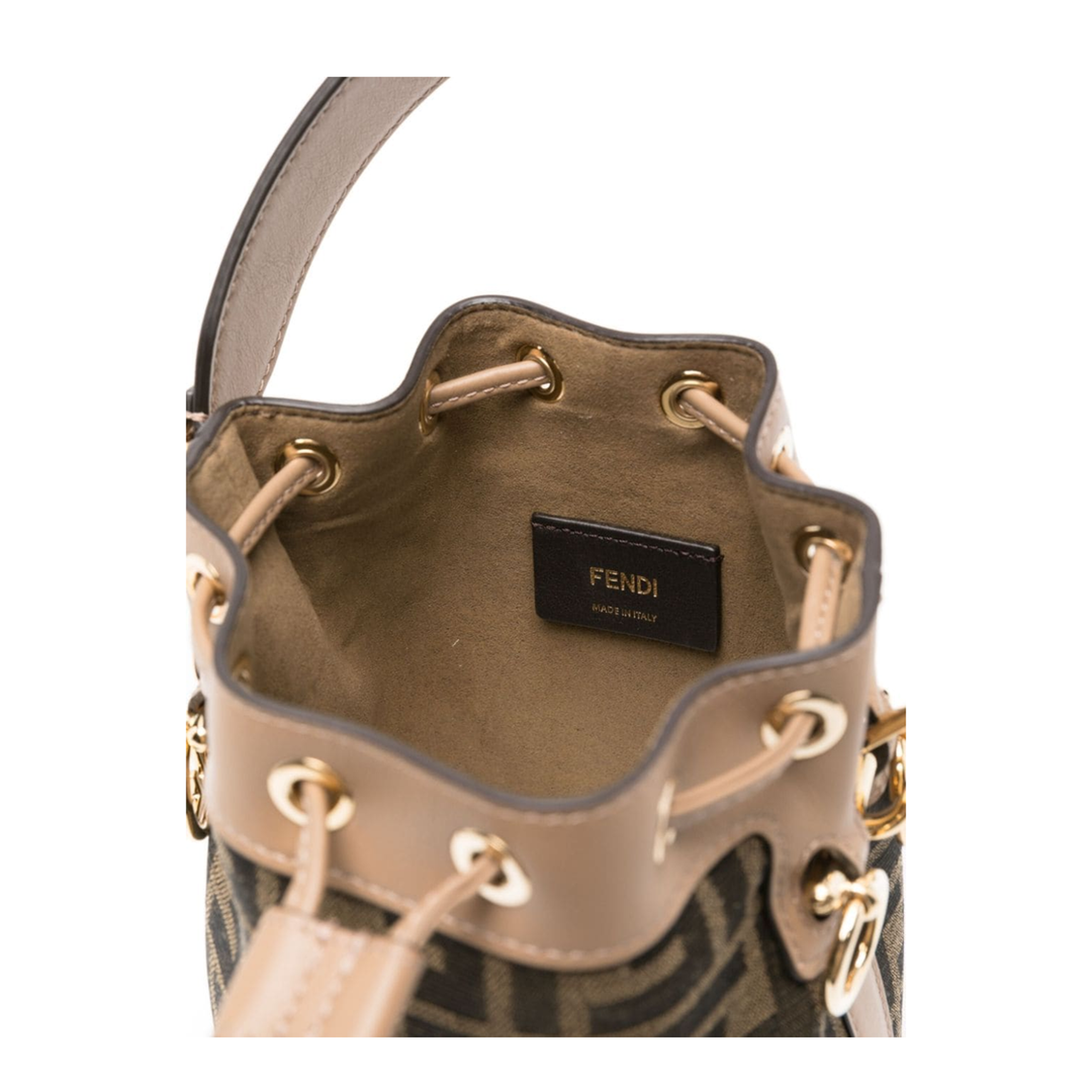 Brown Beige Canvas Leather Trim Drawstring Bag - Image 4