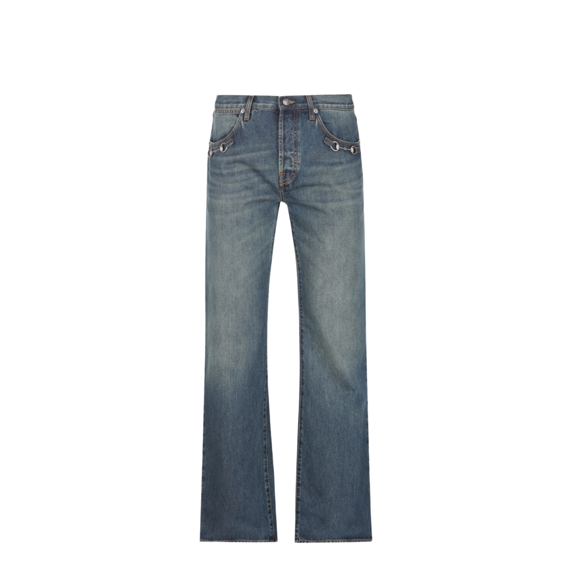 Cotton Denim Pants with Horsebit Detail - Image 1