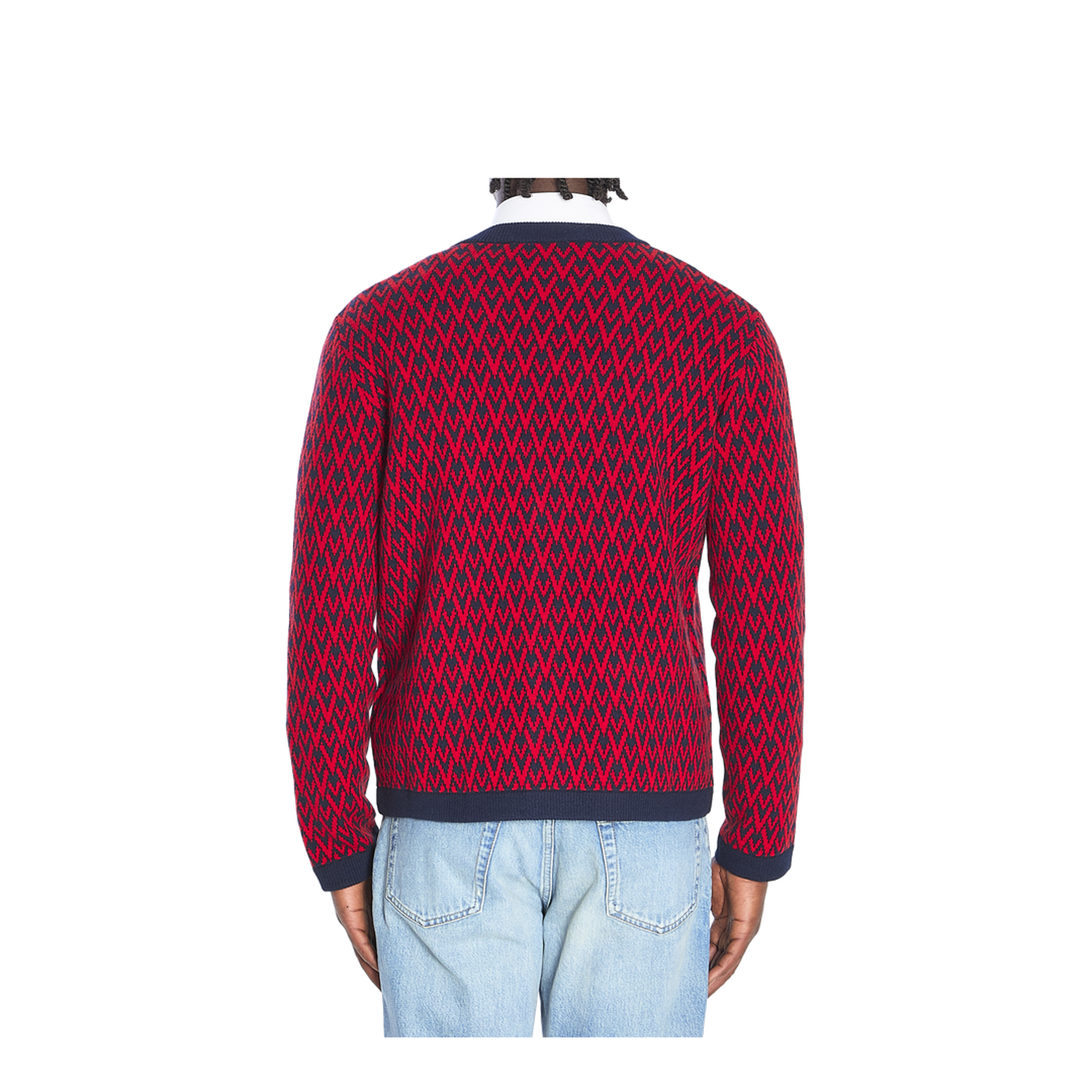 Navy and Red Wool V-Pattern Cardigan - Image 4
