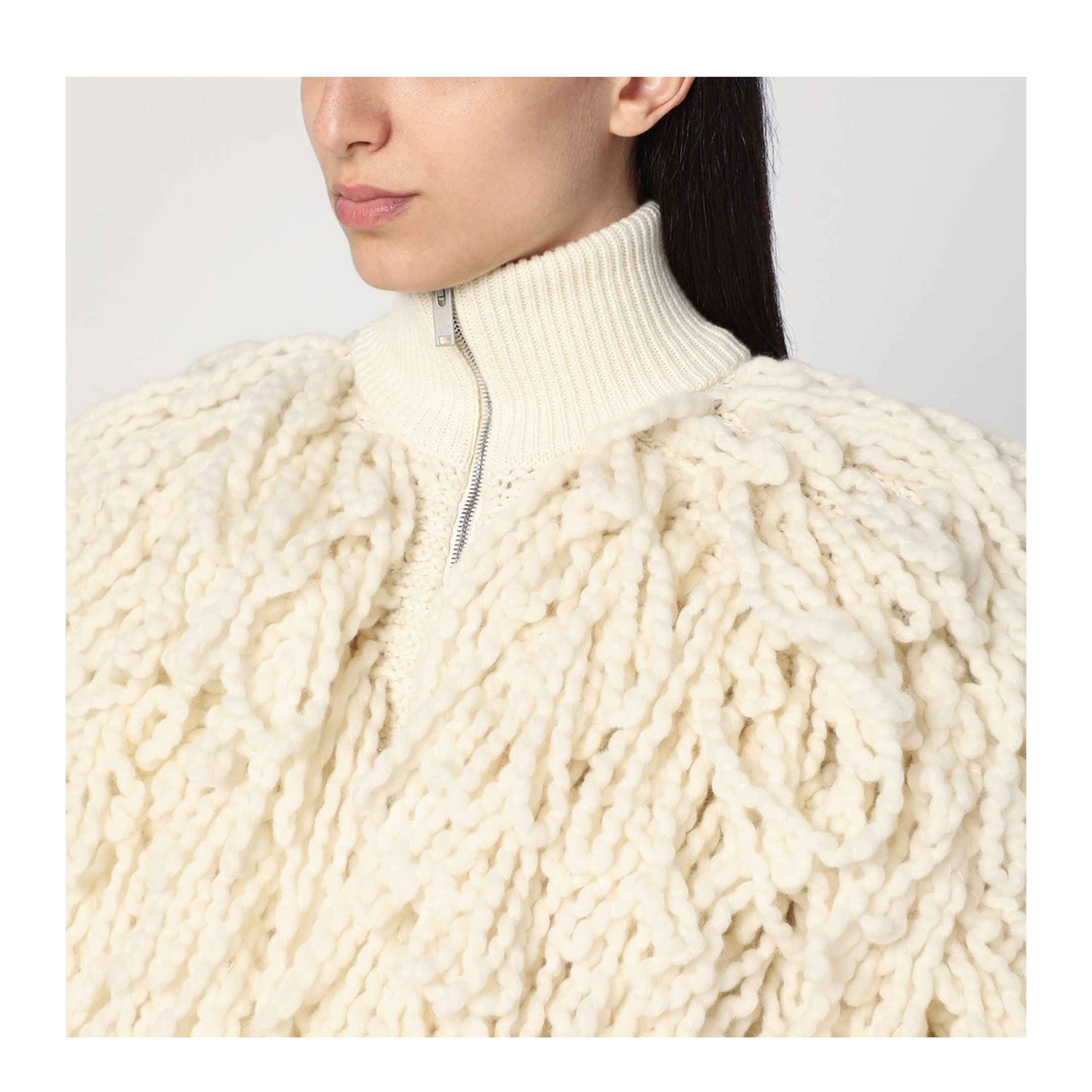 White Wool Bomber Jacket with Fringes - Image 2