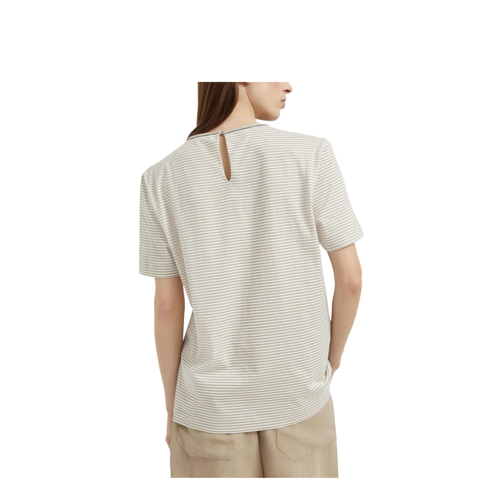 Striped Cotton Jersey T-Shirt with Shiny Neck Detail - Image 2