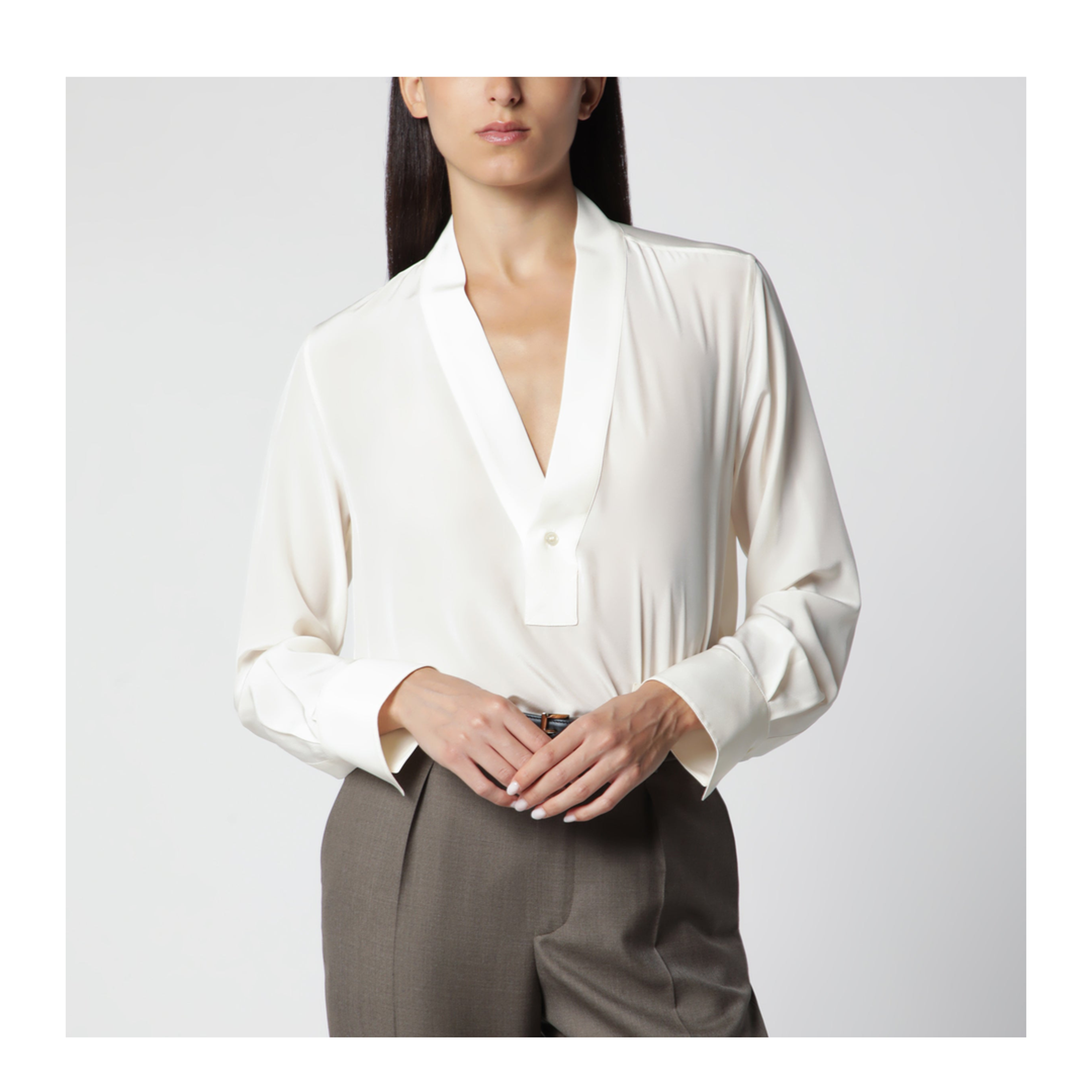 Ivory Silk V-Neck Blouse - Image 1