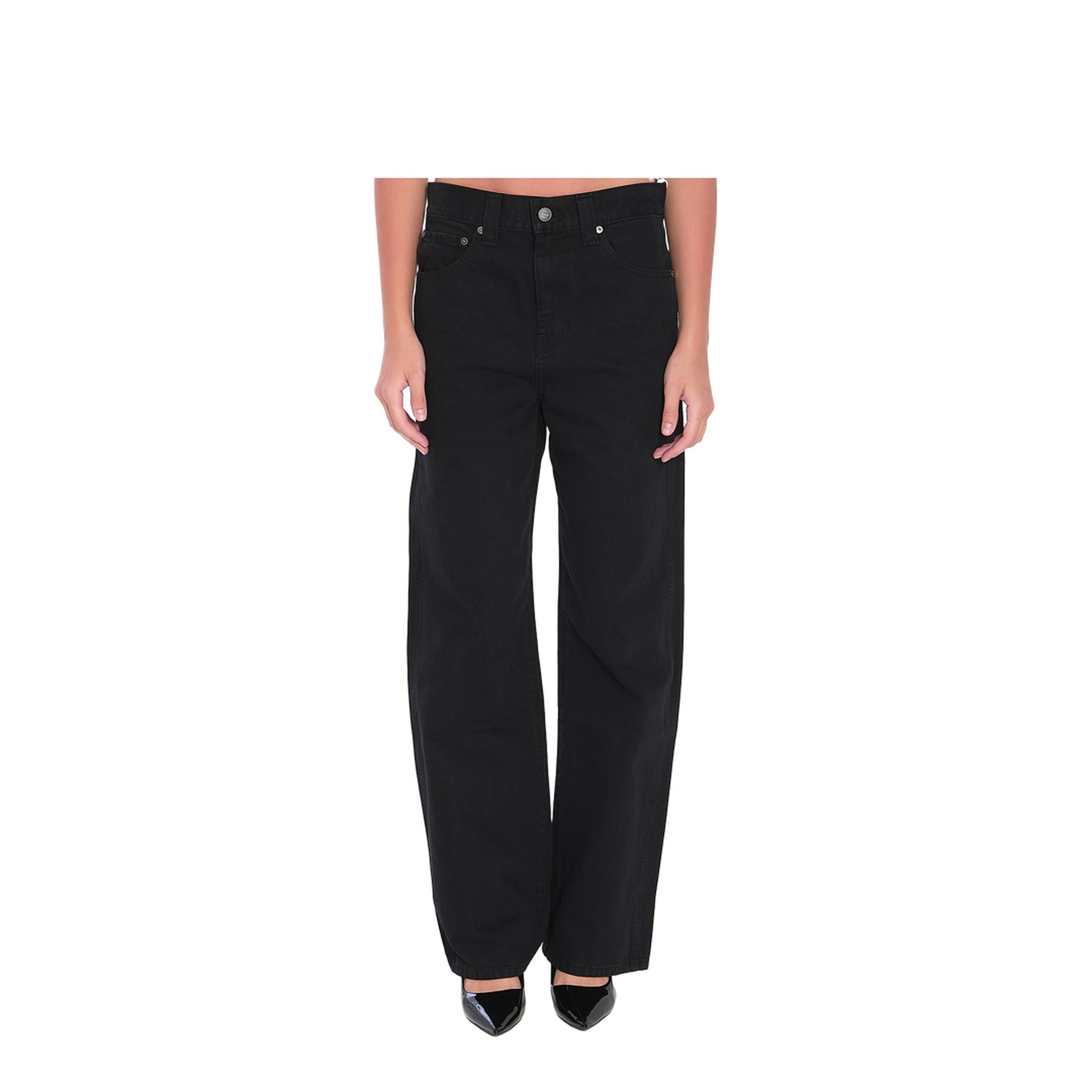 Black Cotton Five-Pocket Design Straight Leg Pants - Image 1
