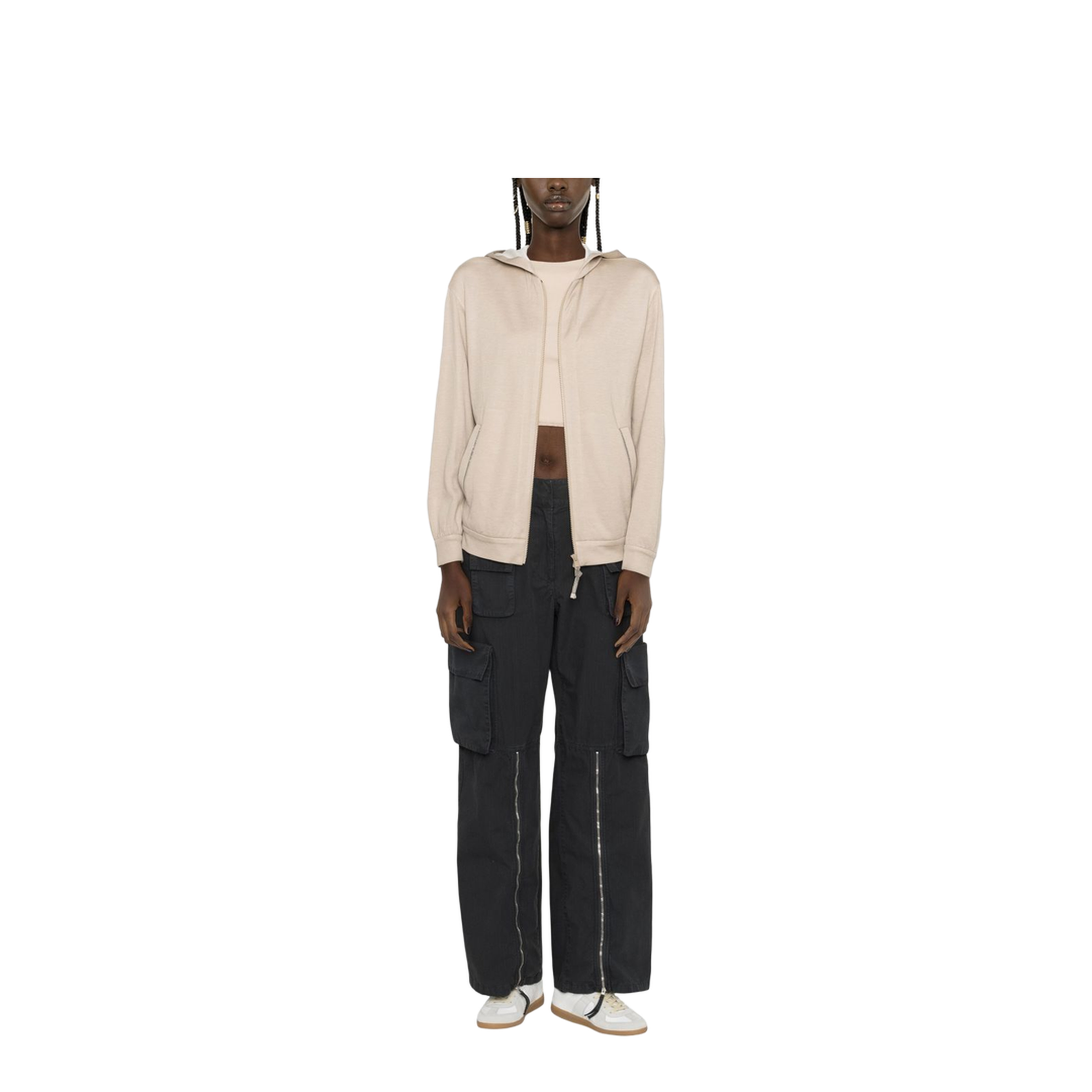 Two-Pocket Zip-Up Hoodie Beige - Image 3