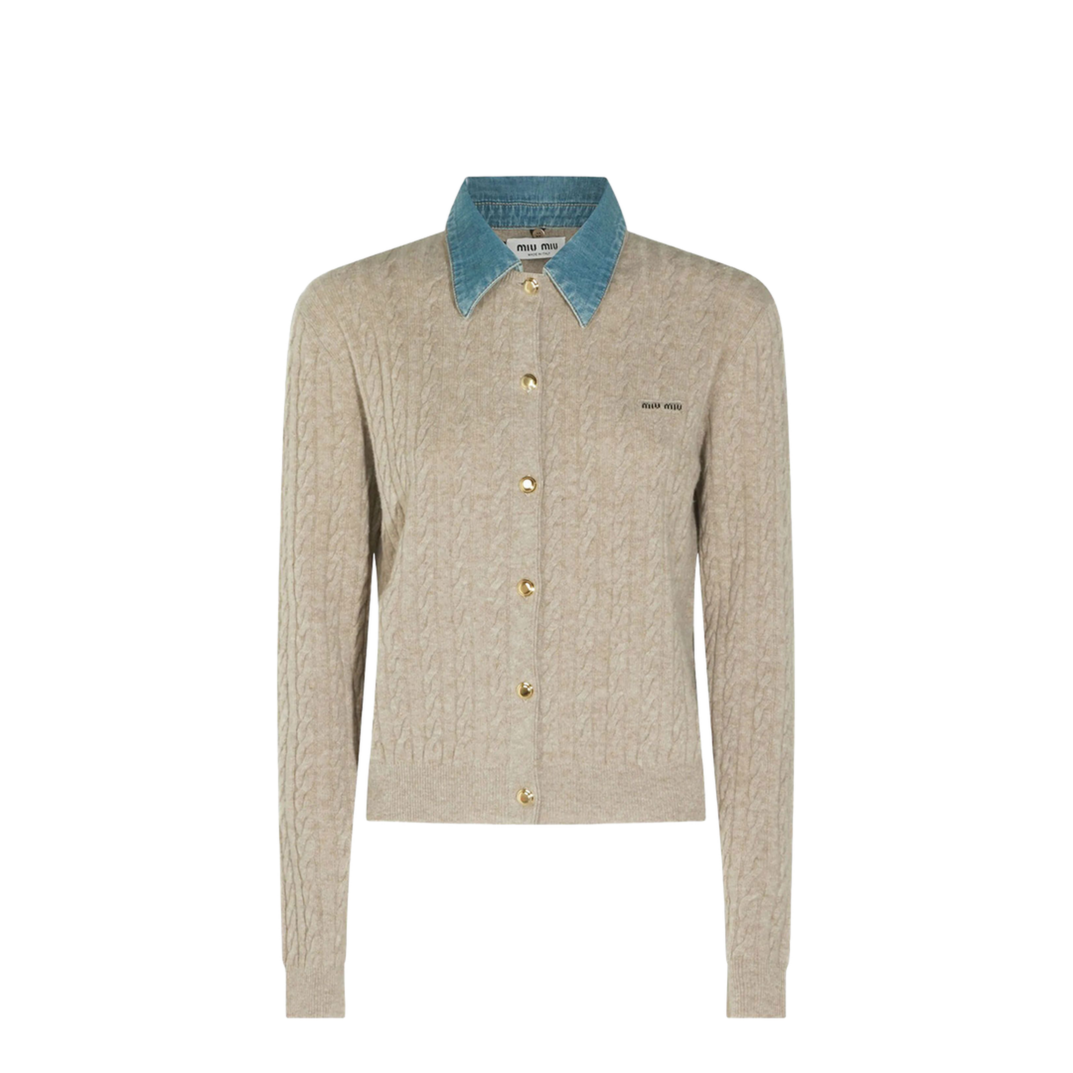 Denim-Collar Cable-Knit Cashmere Cardigan - Image 1