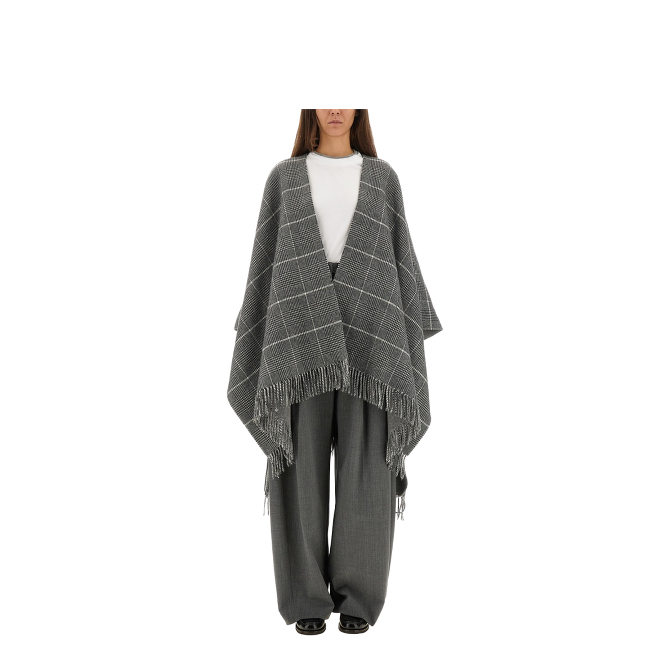 Fringed Check-Pattern Cape - Image 1