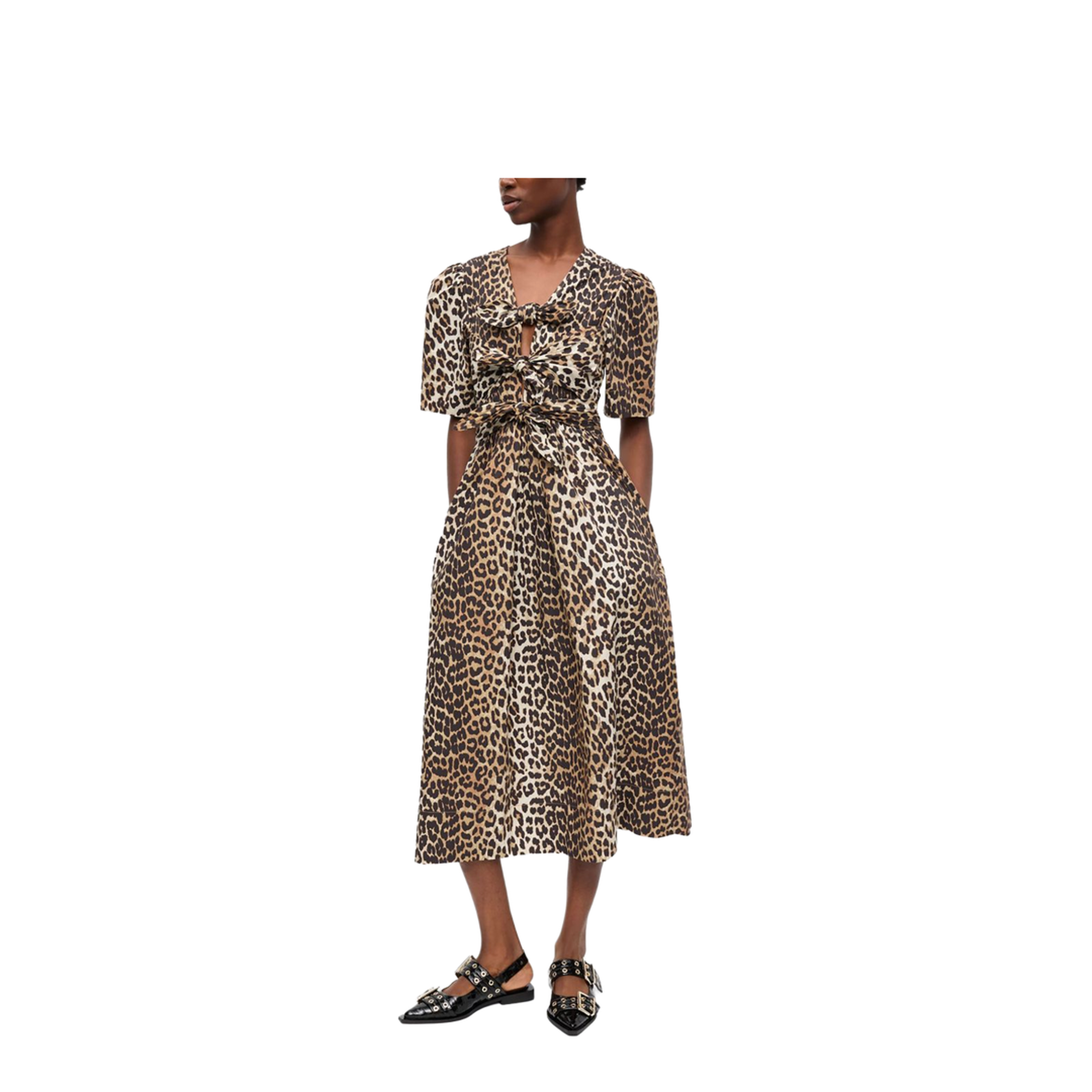 Leopard Print Tie Strap Midi Dress In Brown - Image 5