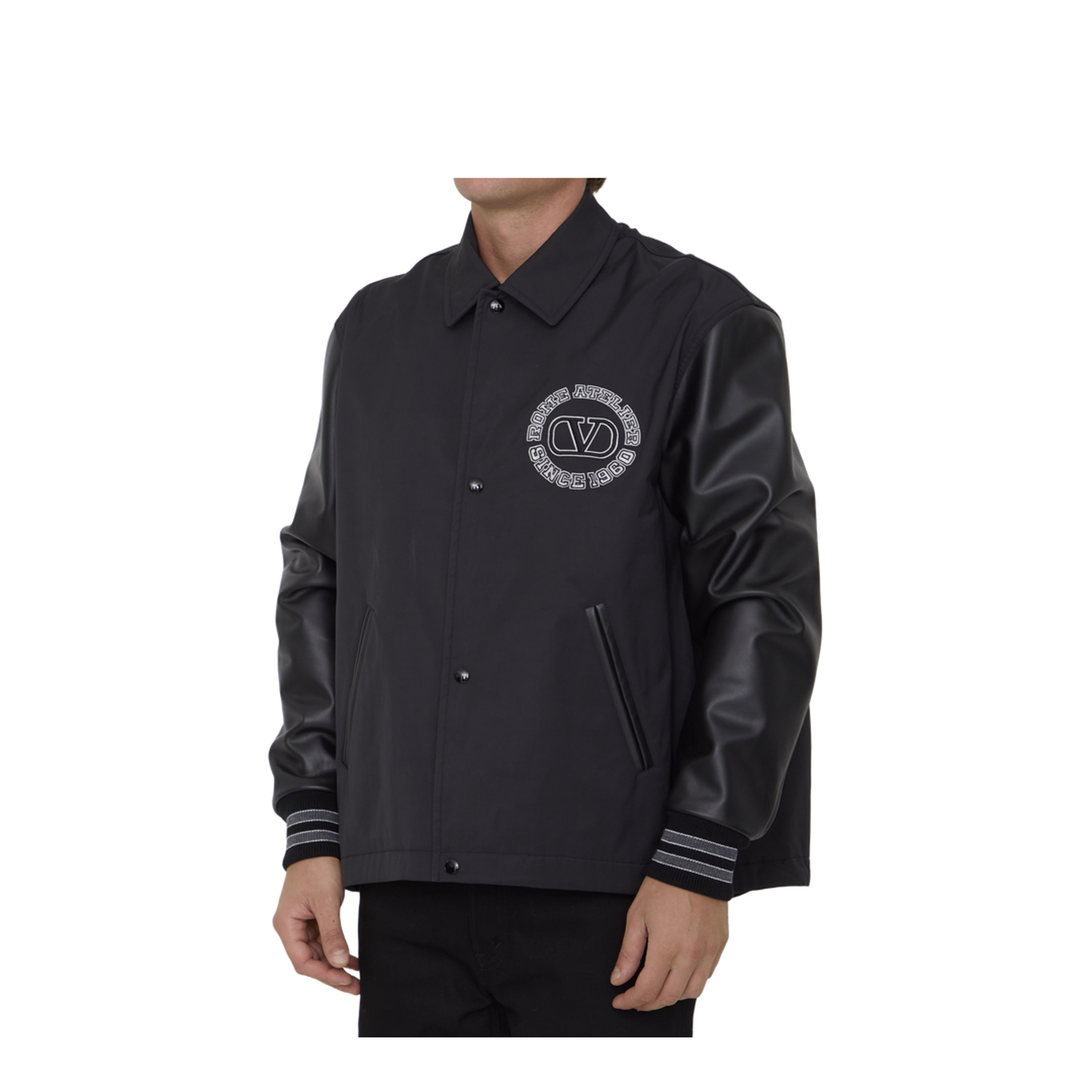 Black Leather Sleeves Nylon Bomber - Image 2