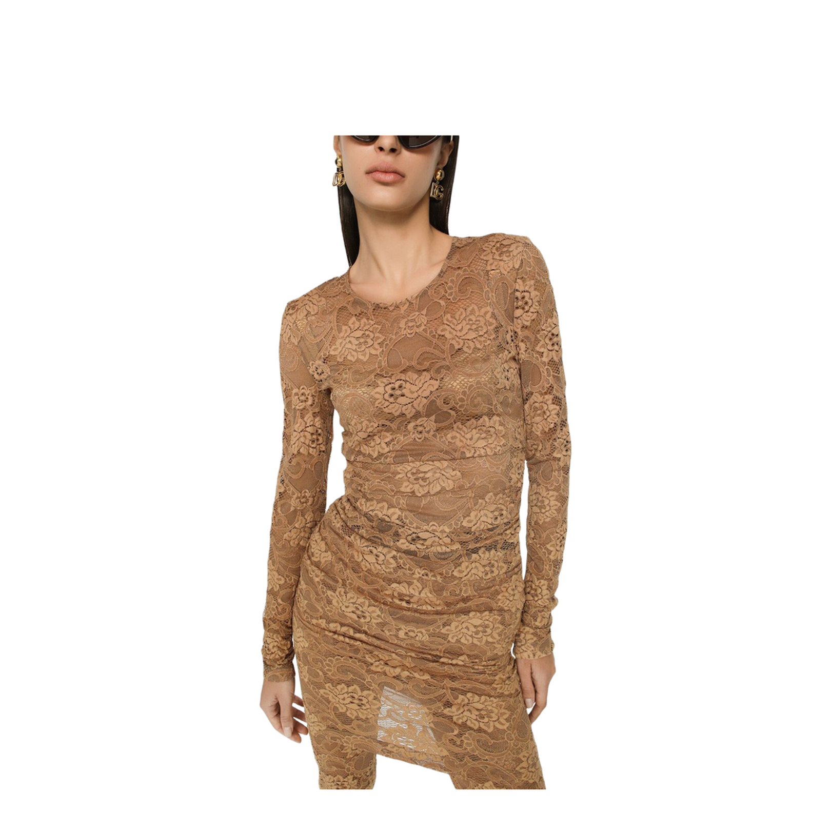 Short Floral Lace Dress in Beige - Image 5