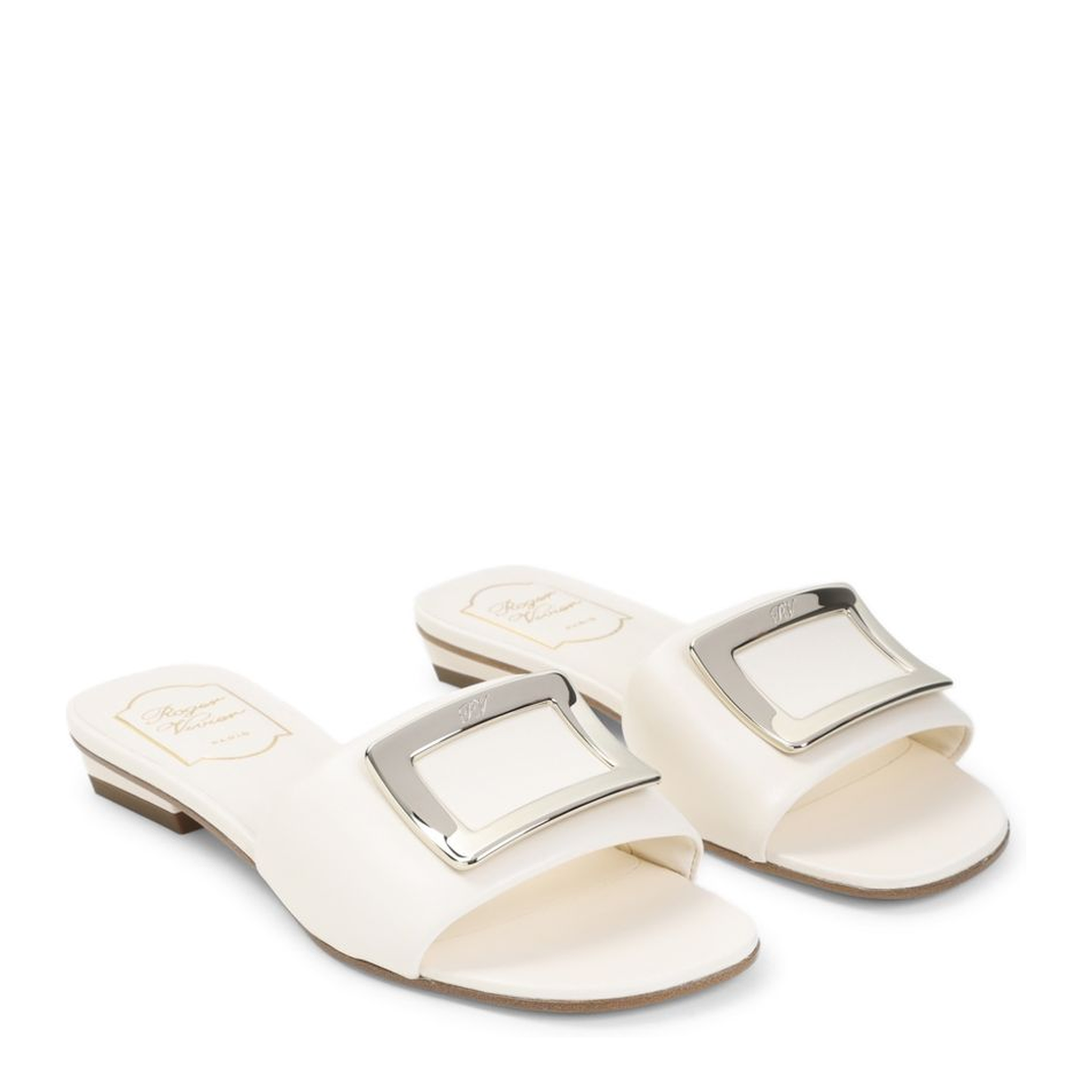 Square Buckle Leather Slides White - Image 2