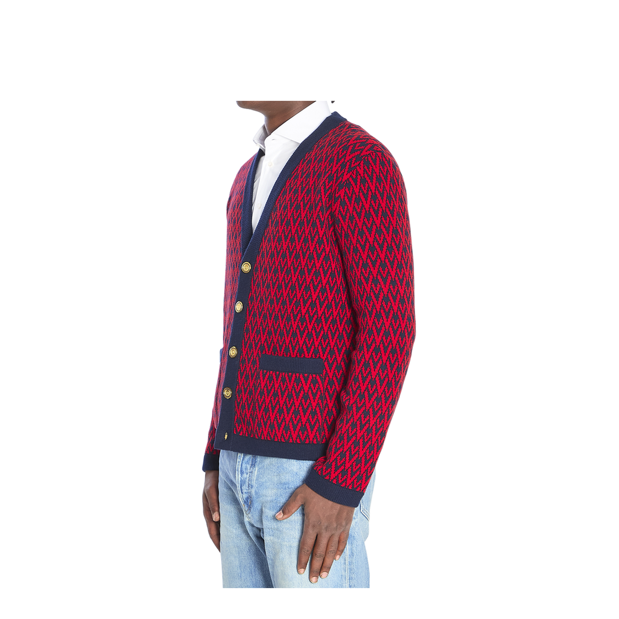 Navy and Red Wool V-Pattern Cardigan - Image 2
