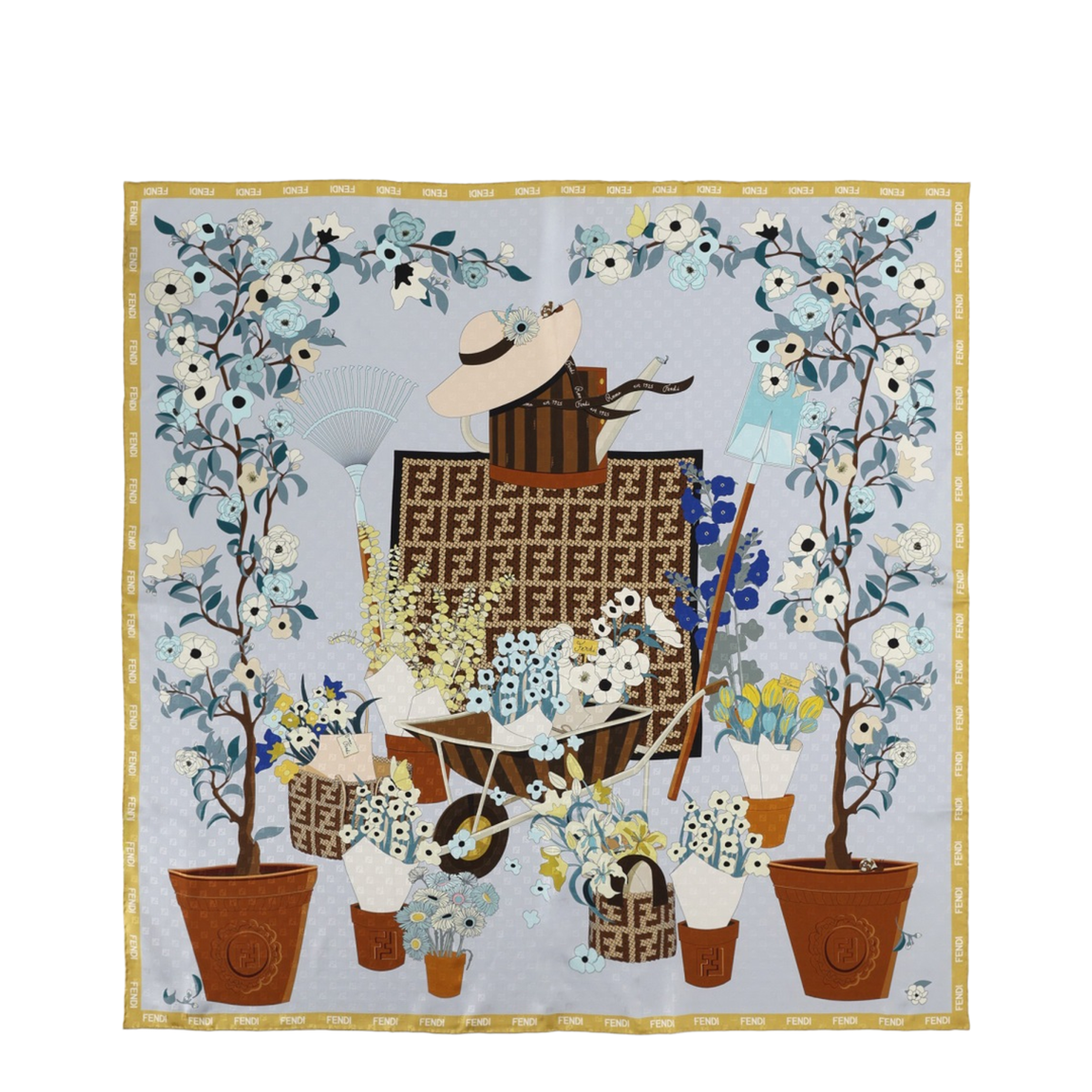 Gardening Light Blue Multicoloured Silk Foulard - Image 1