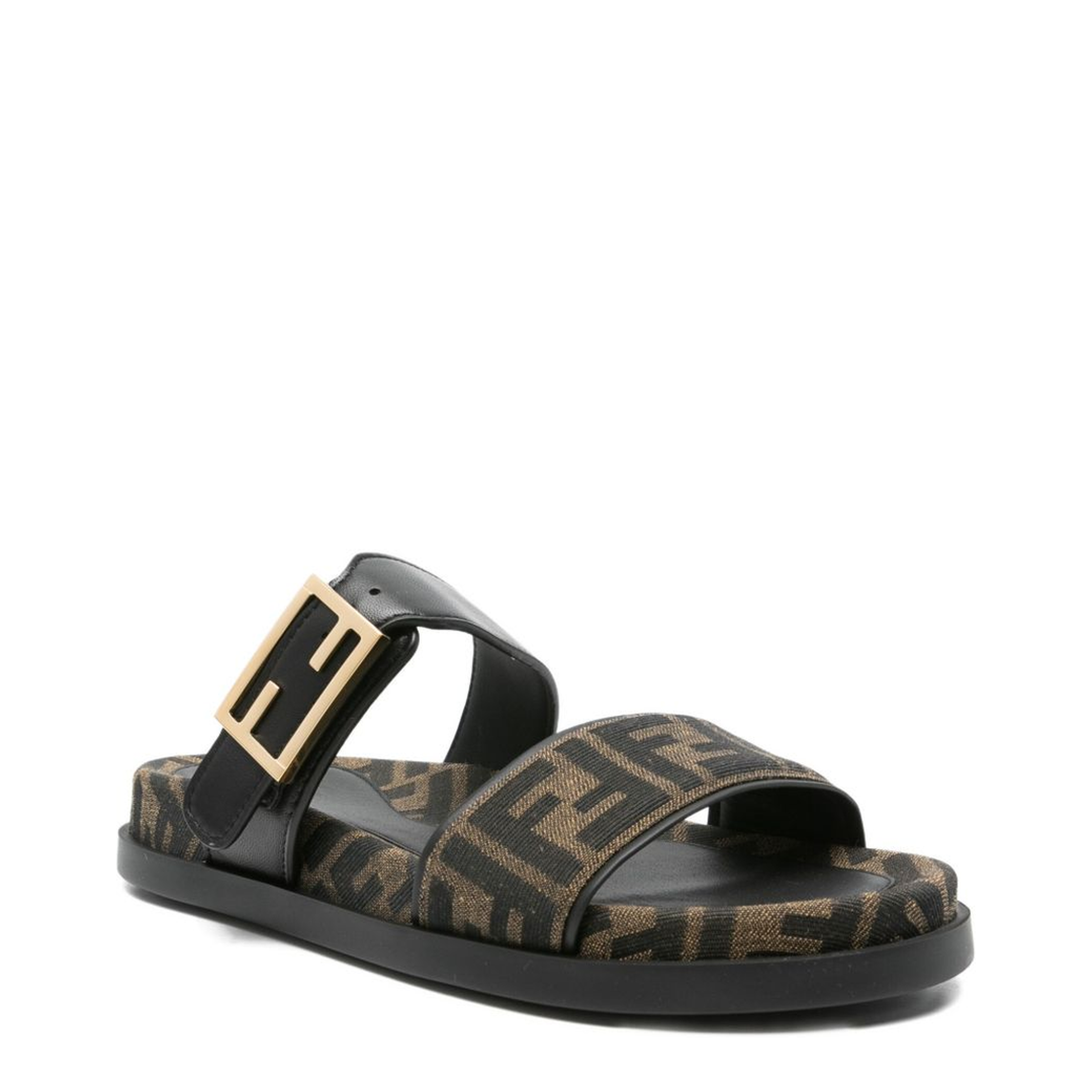 Black FF-Logo Pattern Double Strap Design Buckle Detail Flat Sole Leather Trim - Image 3