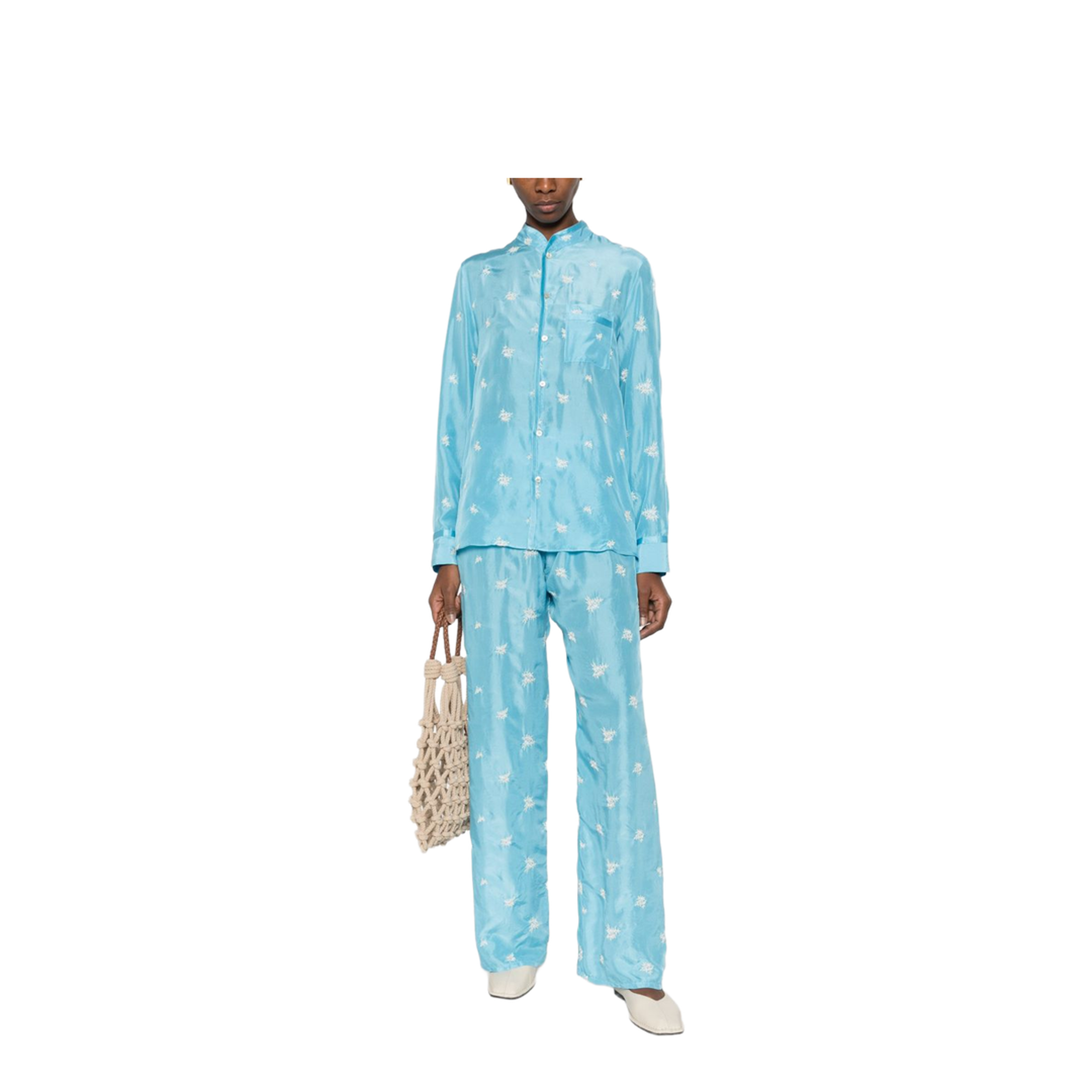 Embroidered Silk Trousers In Blue - Image 3