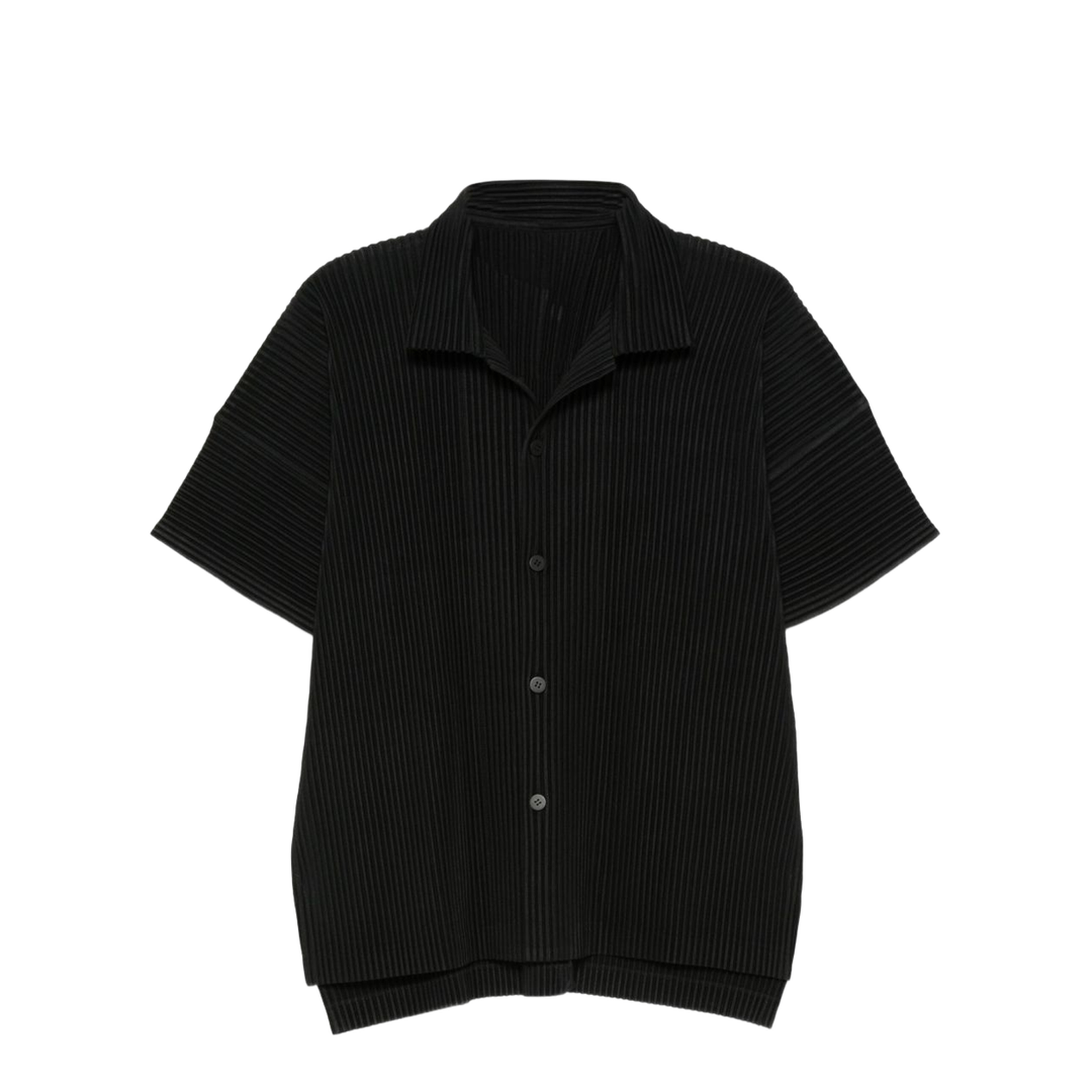 Black Pleated Texture Short Sleeves Button Fastening Straight Hemline - Image 1