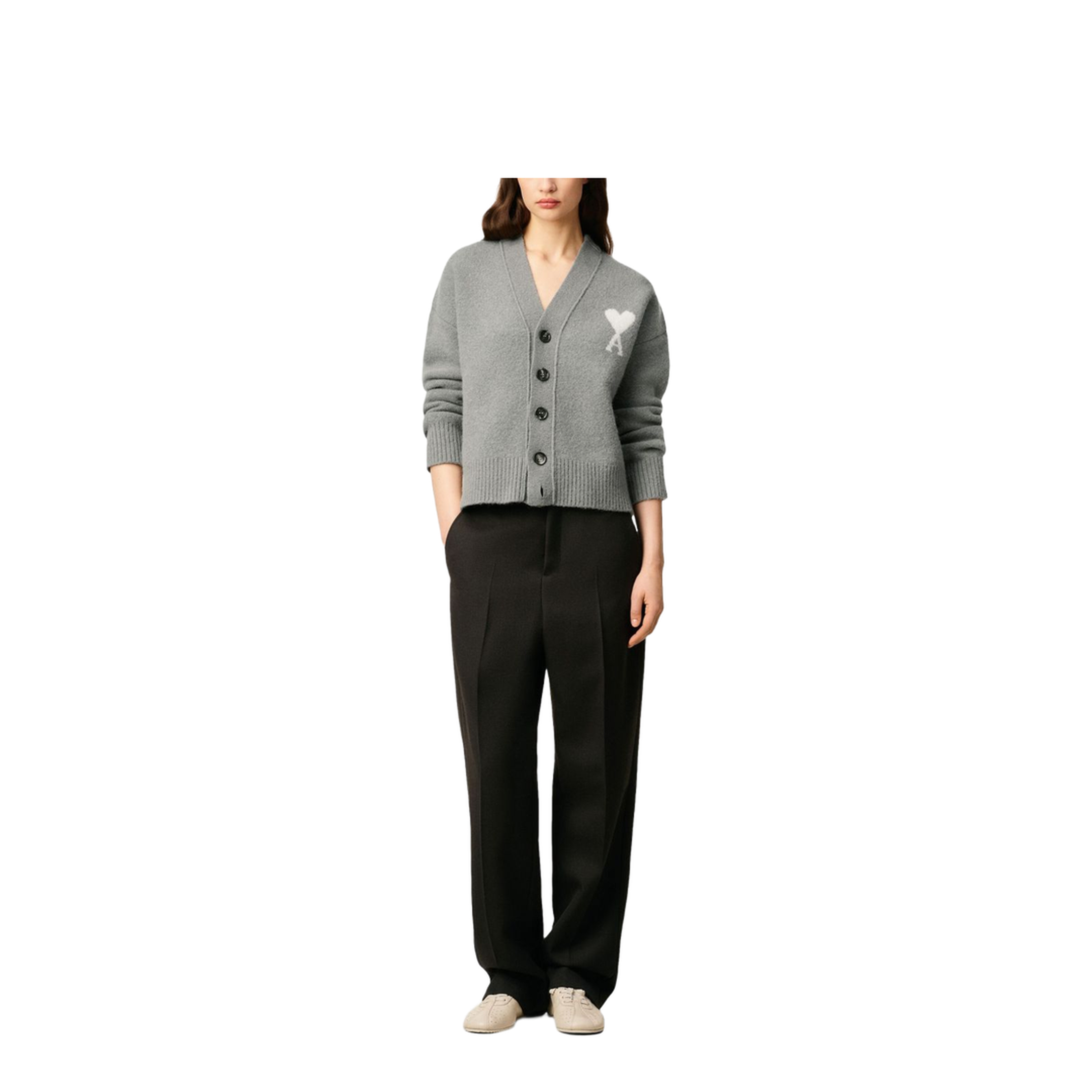 Grey Wool Cardigan Front-Button V-Neck - Image 4
