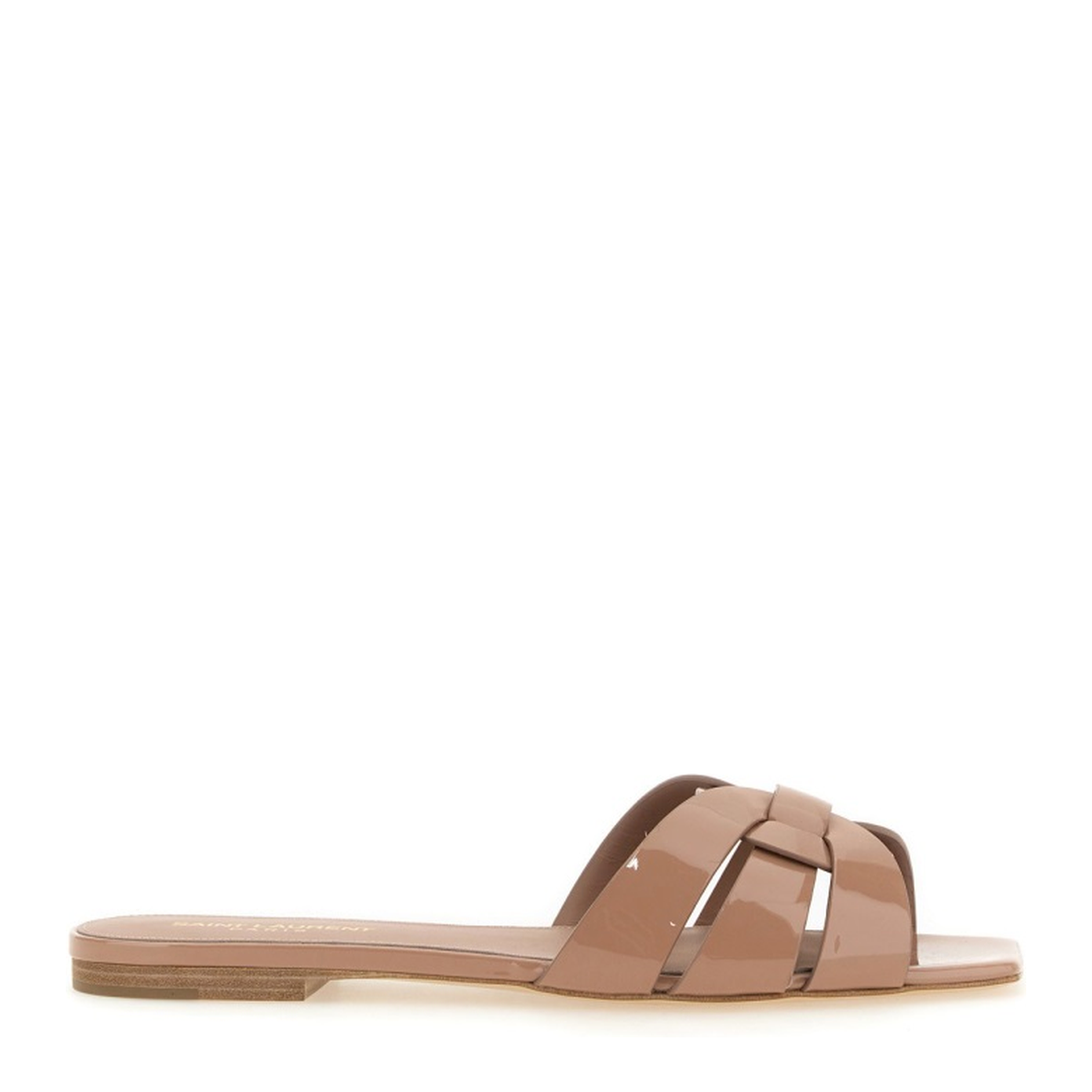 Powder Pink Leather Patent Finish Square Open Toe Multi-Way Strap Design Flat Sole Slip-On Style - Image 7